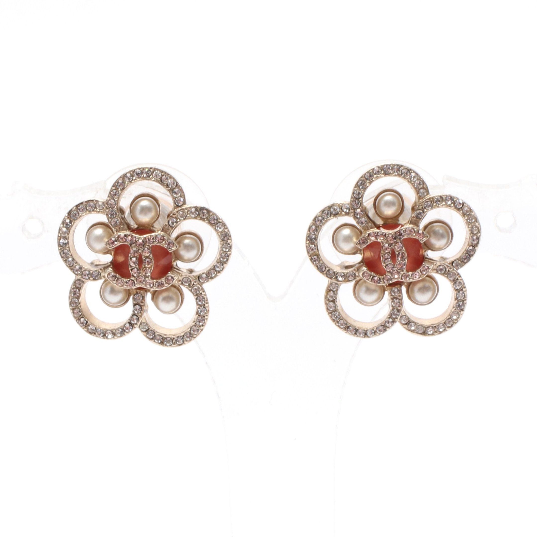 Chanel Chanel Coco Mark Earrings Gp Rhinestone Fake Pearl Champagne Gold Multicolor C19P Size ONE SIZE - 1 Thumbnail