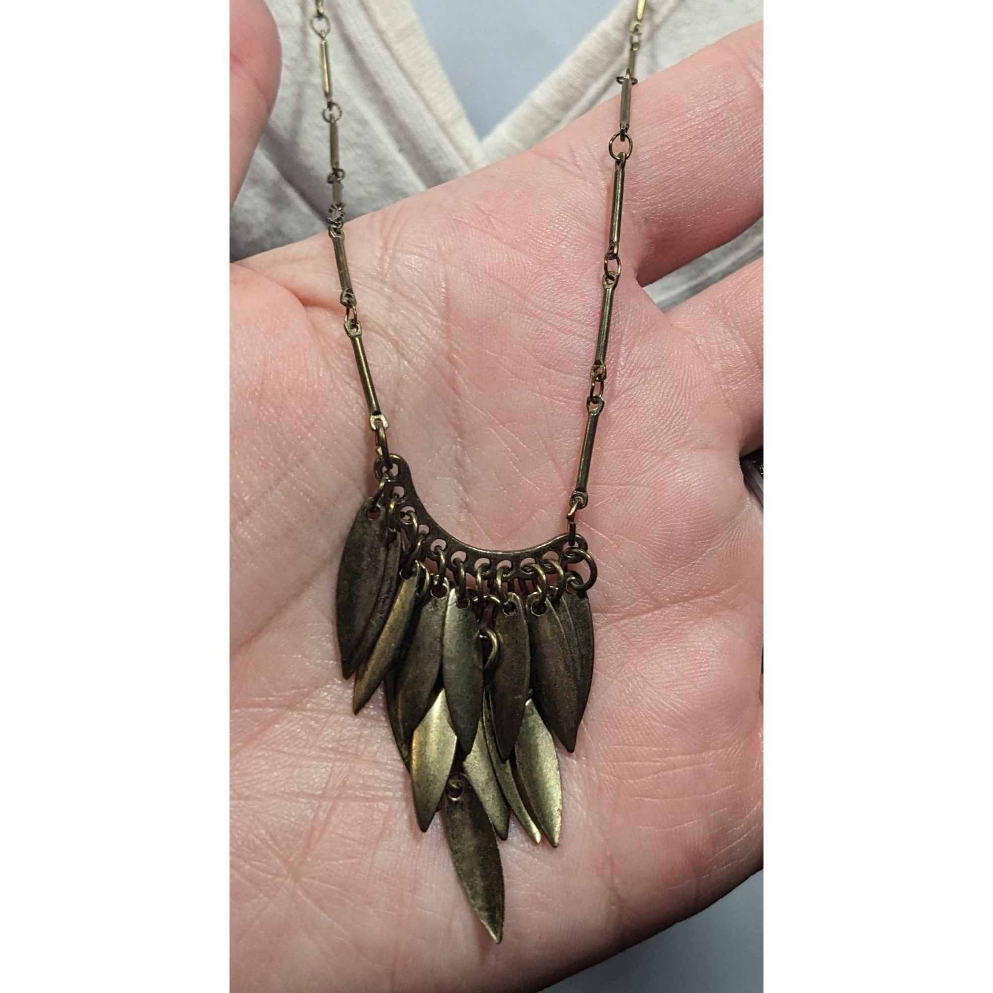 Other Bohemian Fringe Pendant Necklace Antiqued Gold Tone Bar Link Size ONE SIZE - 3 Thumbnail
