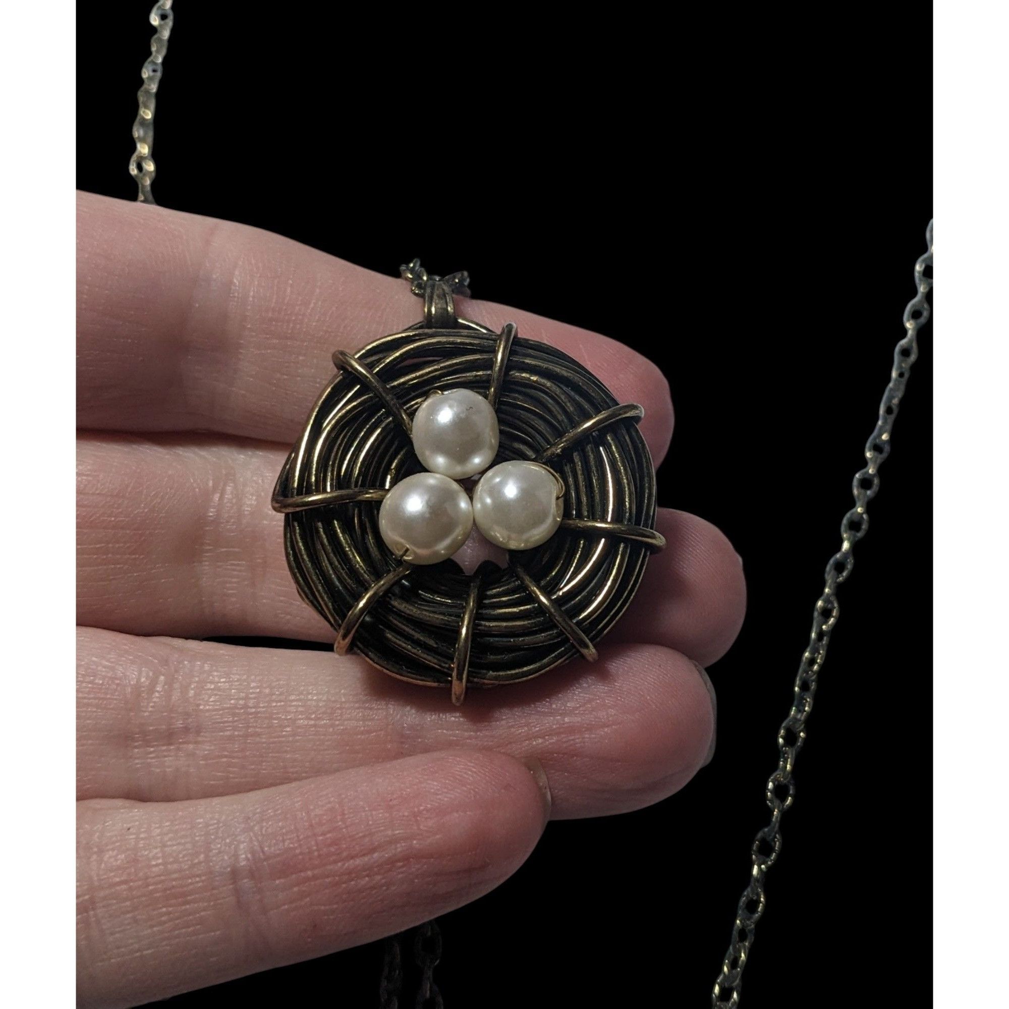 Other Gold Tone Wire Wrap Faux Pearl Bird Nest Necklace Size ONE SIZE - 2 Thumbnail