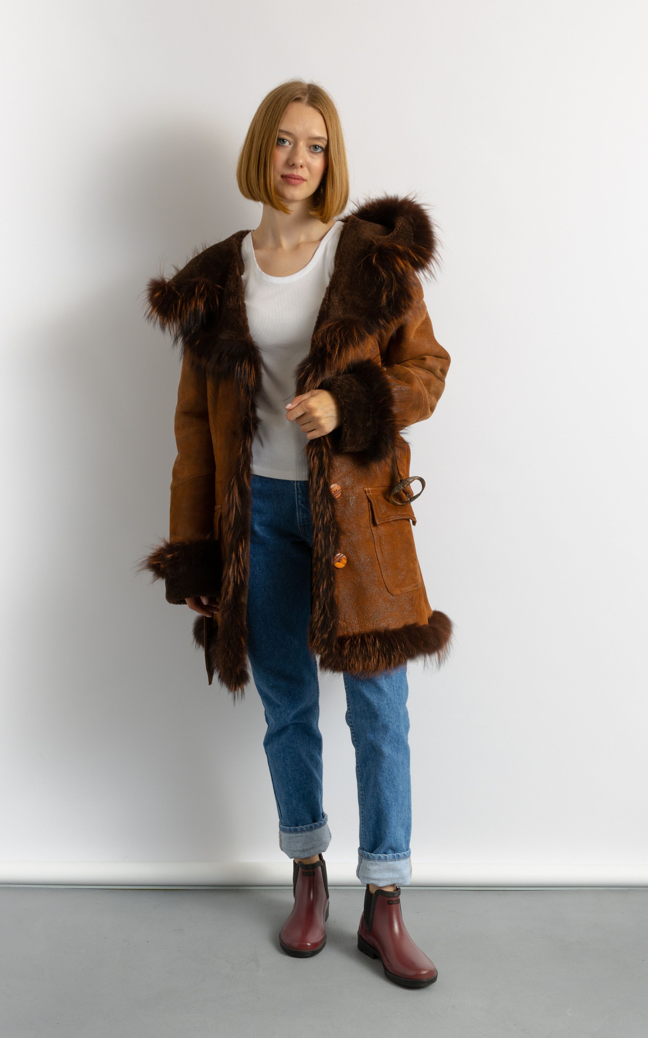 Vintage Suede Sheepskin Leather Shearling Coat 8703 Size M / US 6-8 / IT 42-44 - 2 Thumbnail