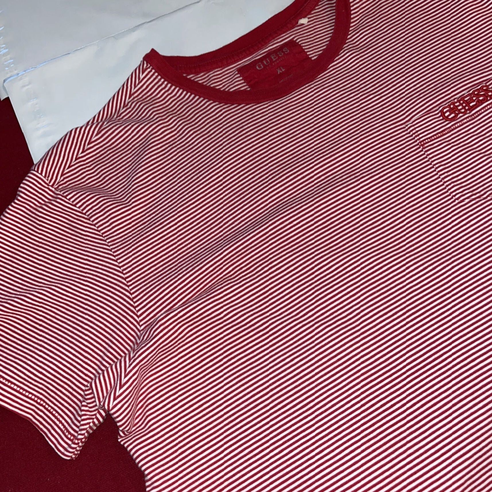 Guess VINTAGE Guess RED Striped T Shirt Mens XL Embroidered Spellout Pocket Y2K Preppy Size US XL / EU 56 / 4 - 2 Thumbnail