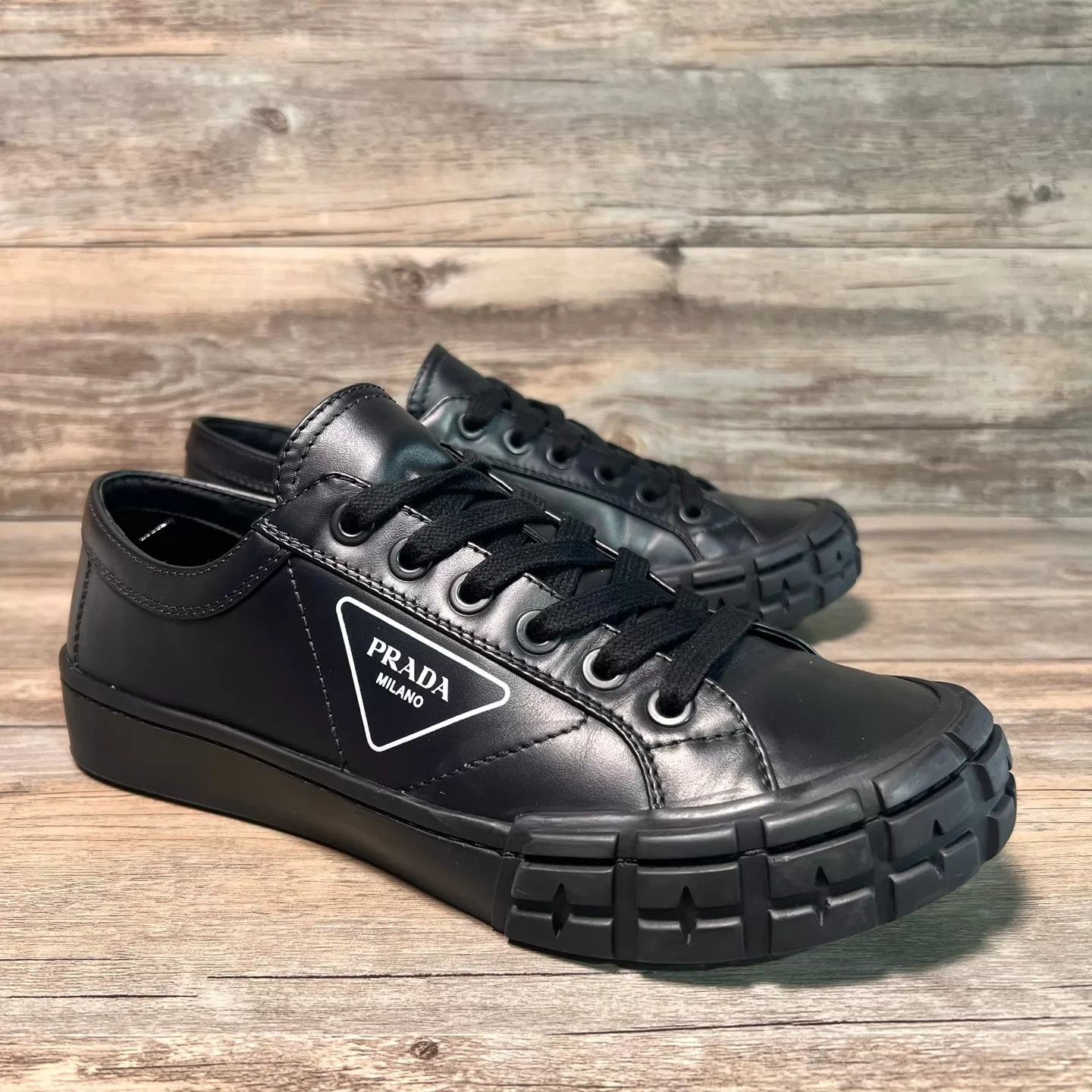 Prada Prada Black Leather Tri Logo Sneaker US7.5/41.5 Size US 7.5 / EU 40-41 - 2 Thumbnail