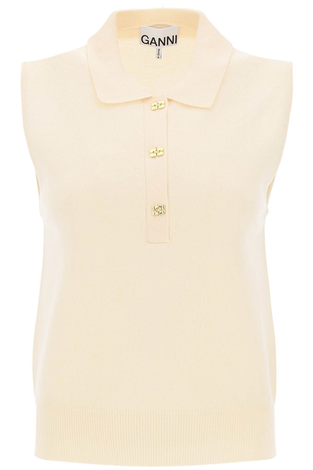 image of Ganni Sleeveless Polo Shirt In Wool And Cashmere Size S For Women in Beige