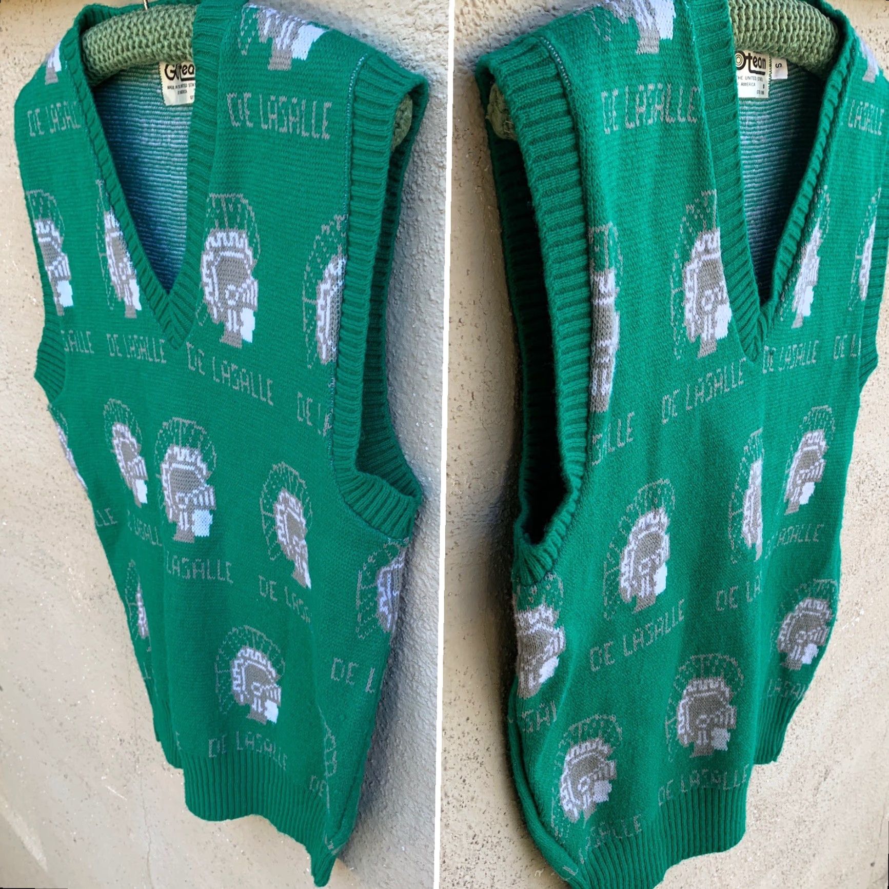 Vintage VINTAGE GOteam De La Salle All Over Print Sweater Vest Sleeveless V Neck 80s Green S Mens Size US S / EU 44-46 / 1 - 3 Thumbnail