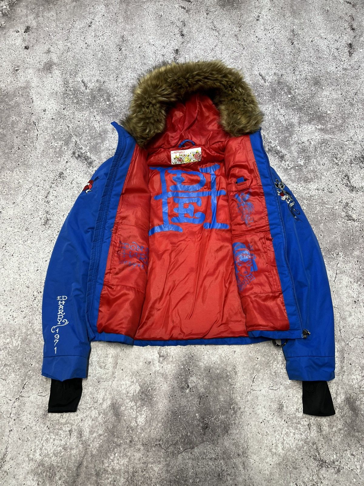 Ed Hardy Ed Hardy by Christian Audigier Embroidered Fur Bomber Jacket Size M / US 6-8 / IT 42-44 - 10 Thumbnail