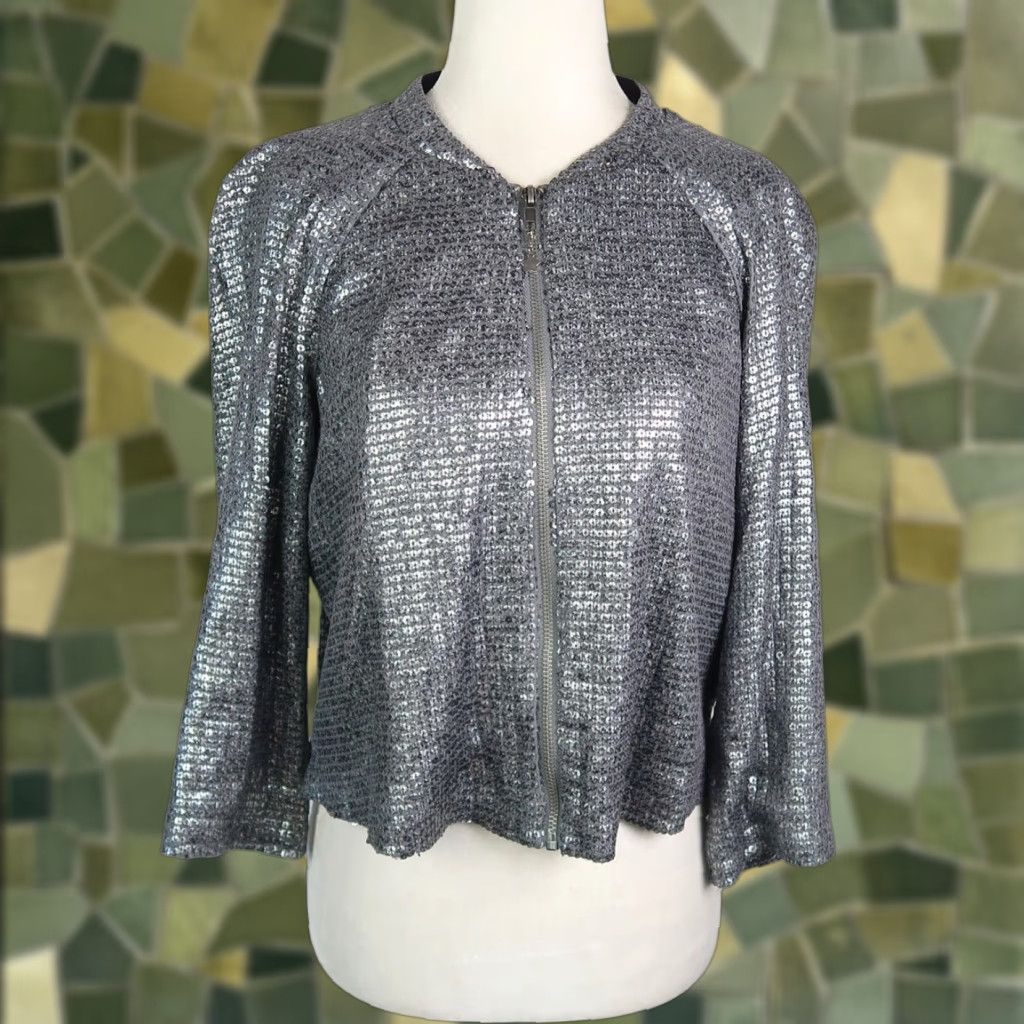 Vintage Silence + Noise Gunmetal Silver Sequin Crop Zip Front Jacket M Womens Short Beaded, Sequin Casual Party/Cocktail Zip Front Size M / US 6-8 / IT 42-44 - 1 Thumbnail