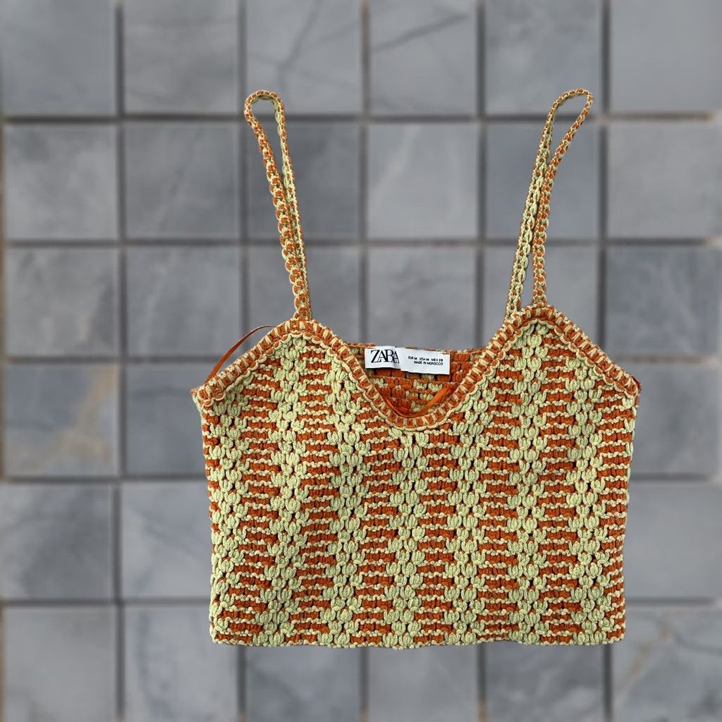 Zara Zara Crochet Crop Top Women's M Orange Cream Knit Strappy Cami V Neck Boho Camisole Tank Size M / US 6-8 / IT 42-44 - 1 Thumbnail