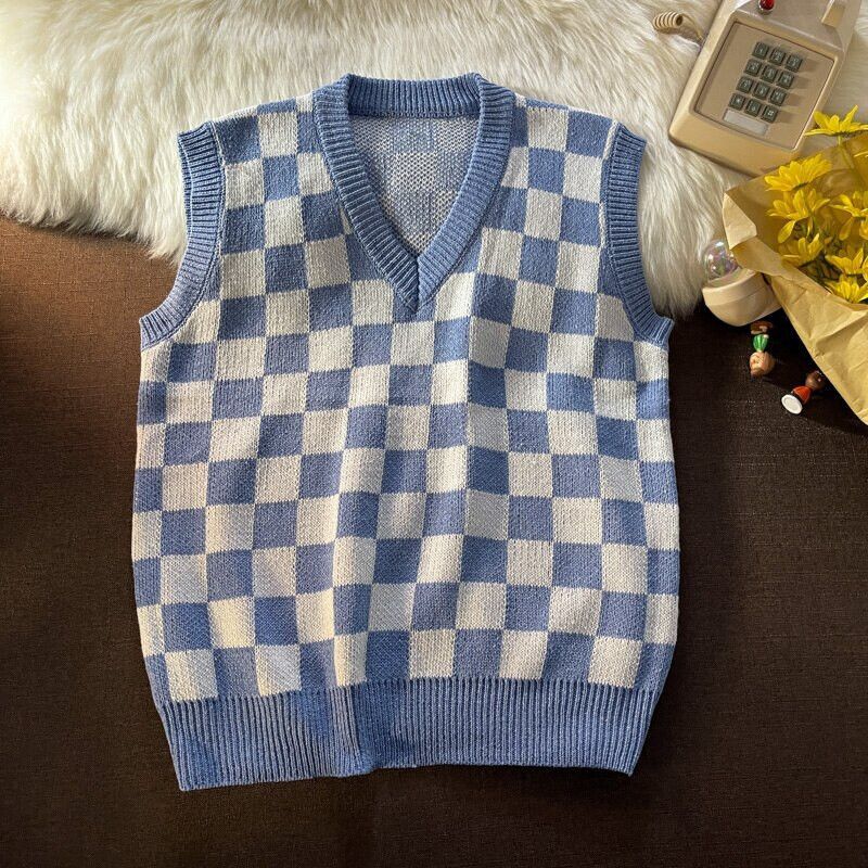 image of Checkerboard Sweater Vest Men V-Neck Loose in Blue (Size Small)