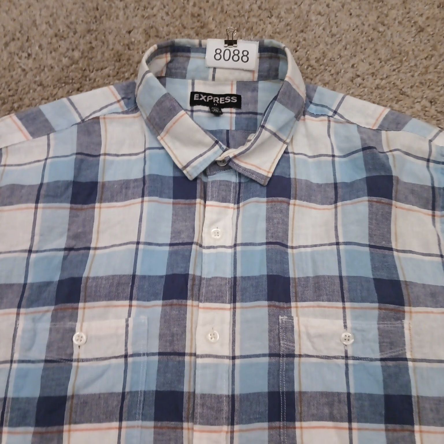 Express Express Shirt Button-Up Mens XL Blue Plaid Long Sleeve Pockets Linen Blend Cotton Size US XL / EU 56 / 4 - 3 Thumbnail