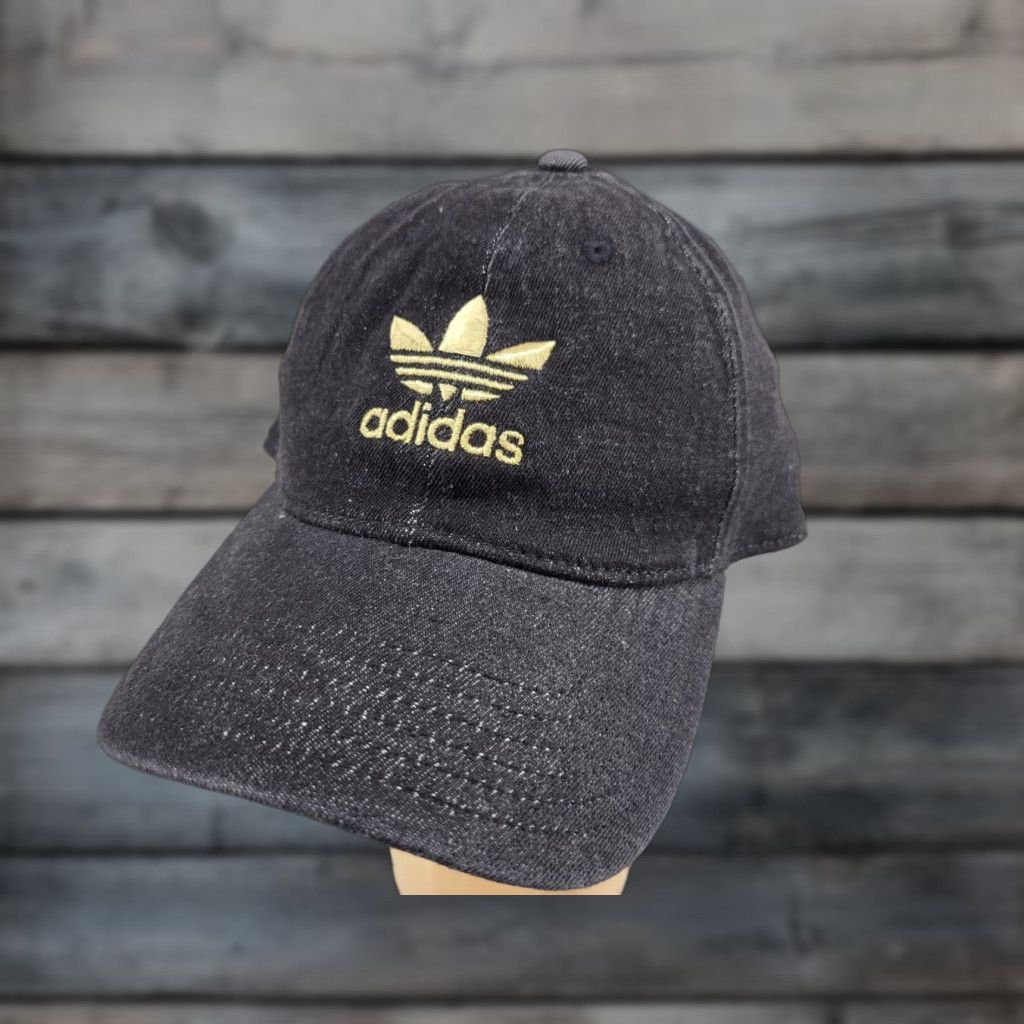 Adidas Adidas Hat Cap Adjustable Strapback Black Denim 3 Stripe Spell Out Gold Logo Trefoil Unisex Adults One Size Cap Size ONE SIZE - 1 Thumbnail