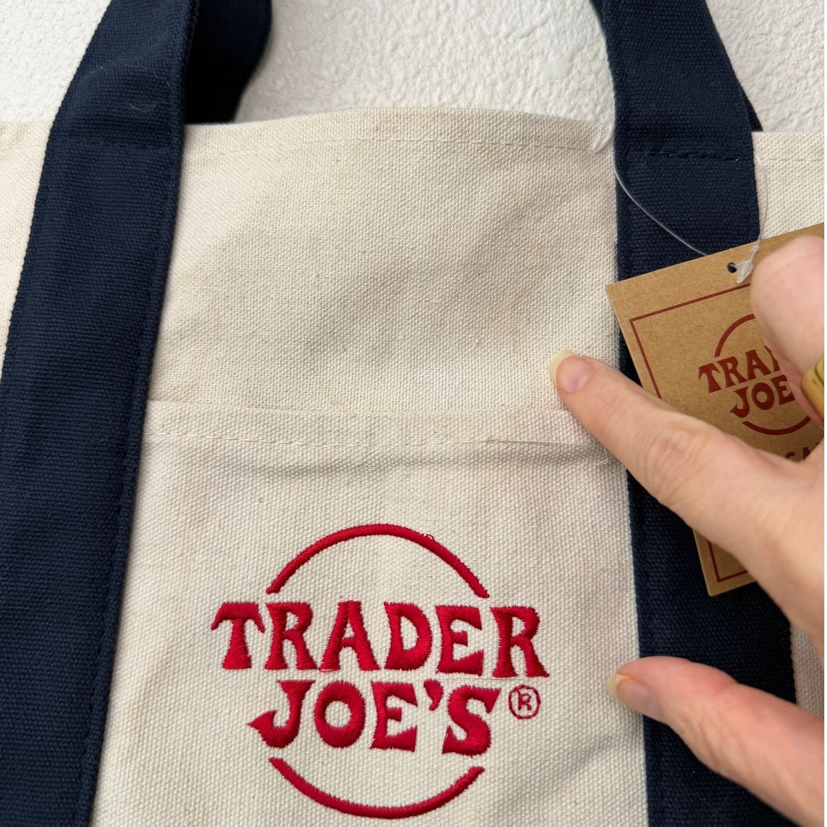 Other NWT Trader Joe’s Mini Canvas Tote Bag Navy Cream Red Logo Size ONE SIZE - 9 Thumbnail