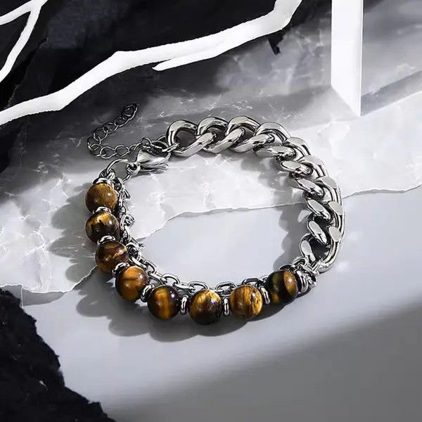 Jewelry Brown Tiger Eye Beaded Chain Bracelet, Chunky Silver Link Size ONE SIZE - 2 Thumbnail