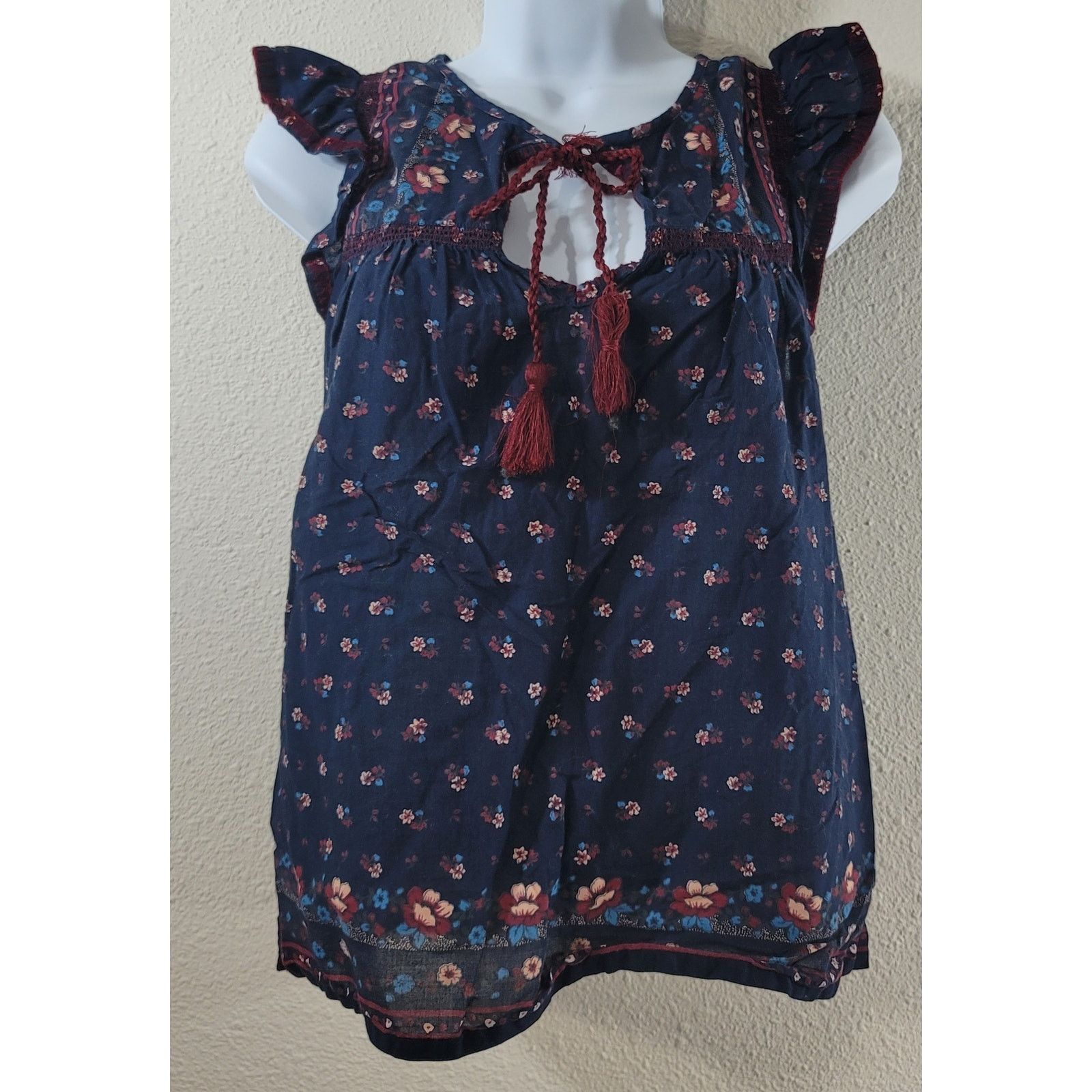 Other Point Sur Navy Blue Burgundy Floral Tie Keyhole Neck Top XS Size XS / US 0-2 / IT 36-38 - 1 Thumbnail