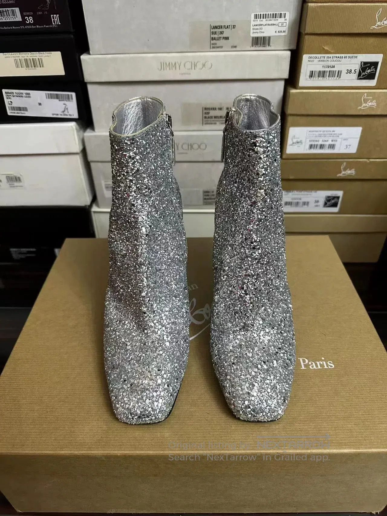 Salvatore Ferragamo Ferragamo Silver Sequined High-Heel Short Boots. Size US 7 / IT 37 - 2 Thumbnail