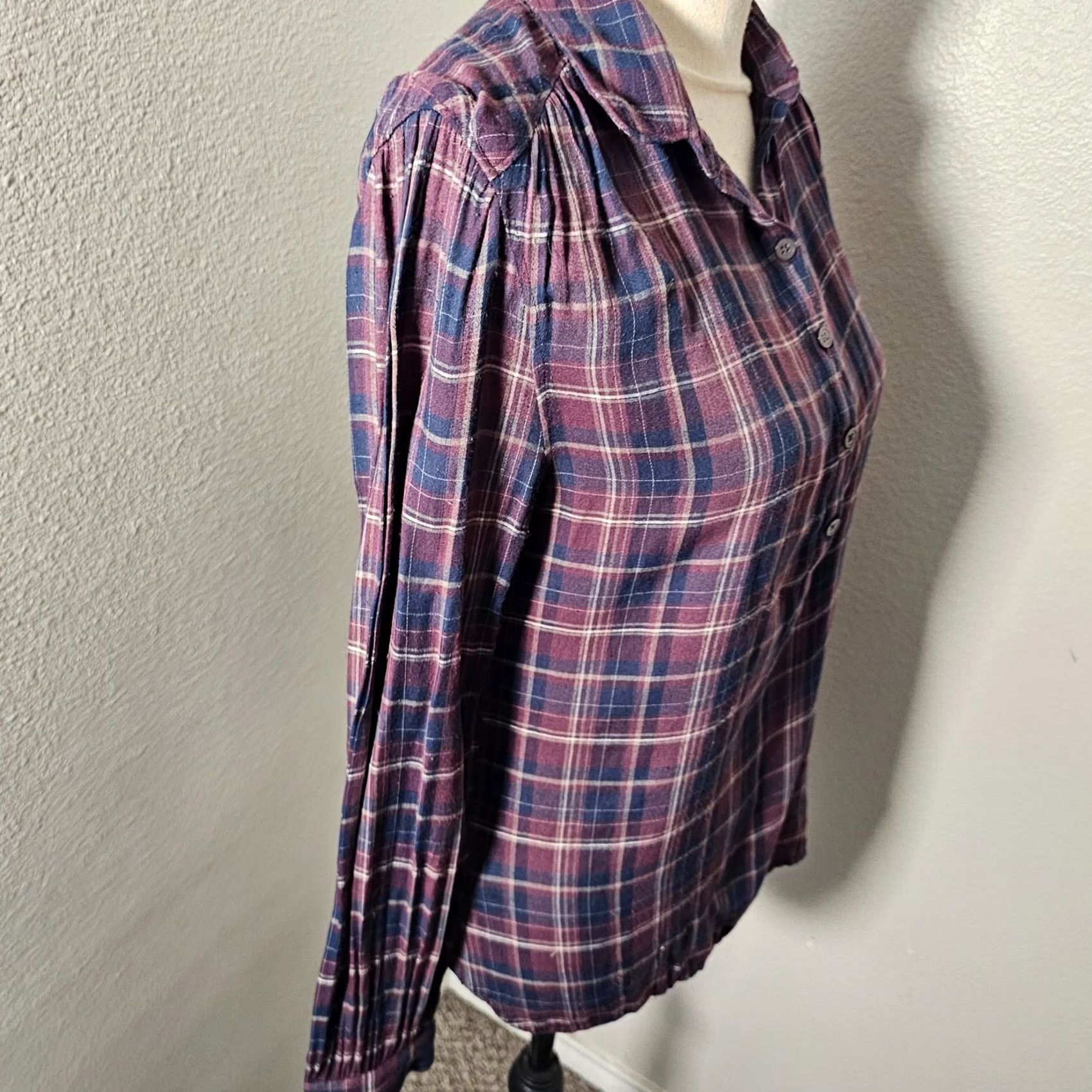 Loft Loft Blouse Shirt Tunic Long Sleeve Purple Plaid Button 1/2 Zip? Wait: No zip. Use pullover closure. Size M / US 6-8 / IT 42-44 - 4 Thumbnail