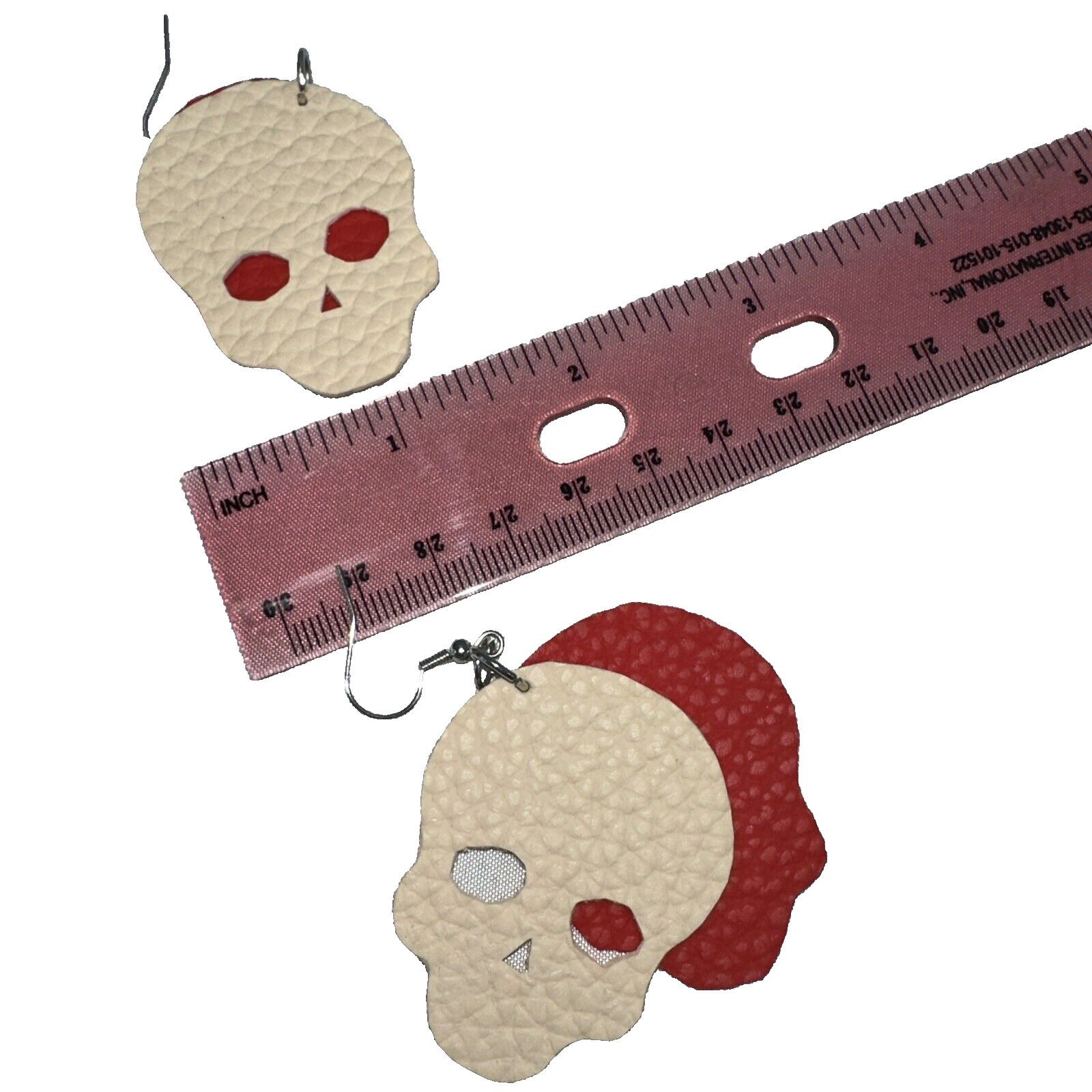 Handmade Hand-Made Halloween Skull Red White Pleather Hook Earrings Size ONE SIZE - 7 Thumbnail