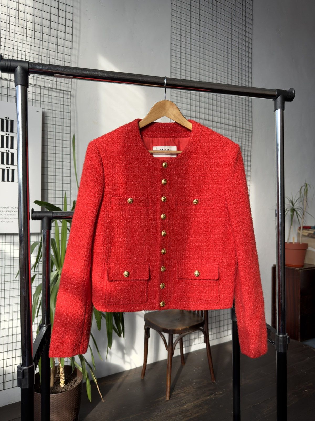 Celine Celine Chasseur Tweed Evening Wool Jacket Red Gold Buttoned Size M / US 6-8 / IT 42-44 - 24 Thumbnail