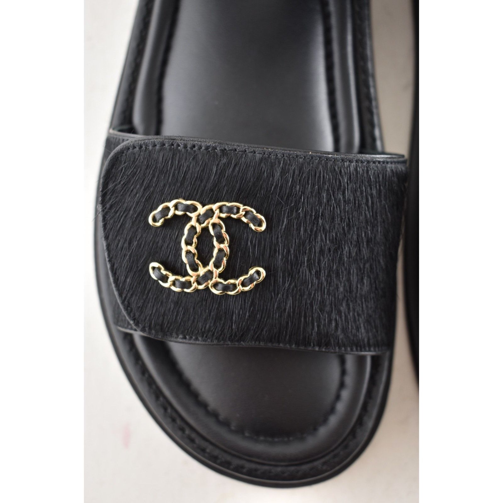 Chanel Chanel 24B Black Calf Hair Gold CC Logo Flat Dad Sandal 36 Size US 5 / IT 35 - 8 Thumbnail