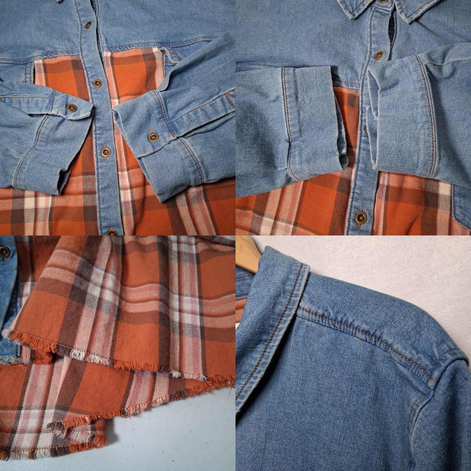 Denime Canyon Retreat Button-Up Plaid Chambray Denim Shirt 3X Blue Casual Plus Size Womens Distressed Look Long Sleeve Collared Button Front Adapted Size XXL / US 16-18 / IT 52-54 - 8 Thumbnail