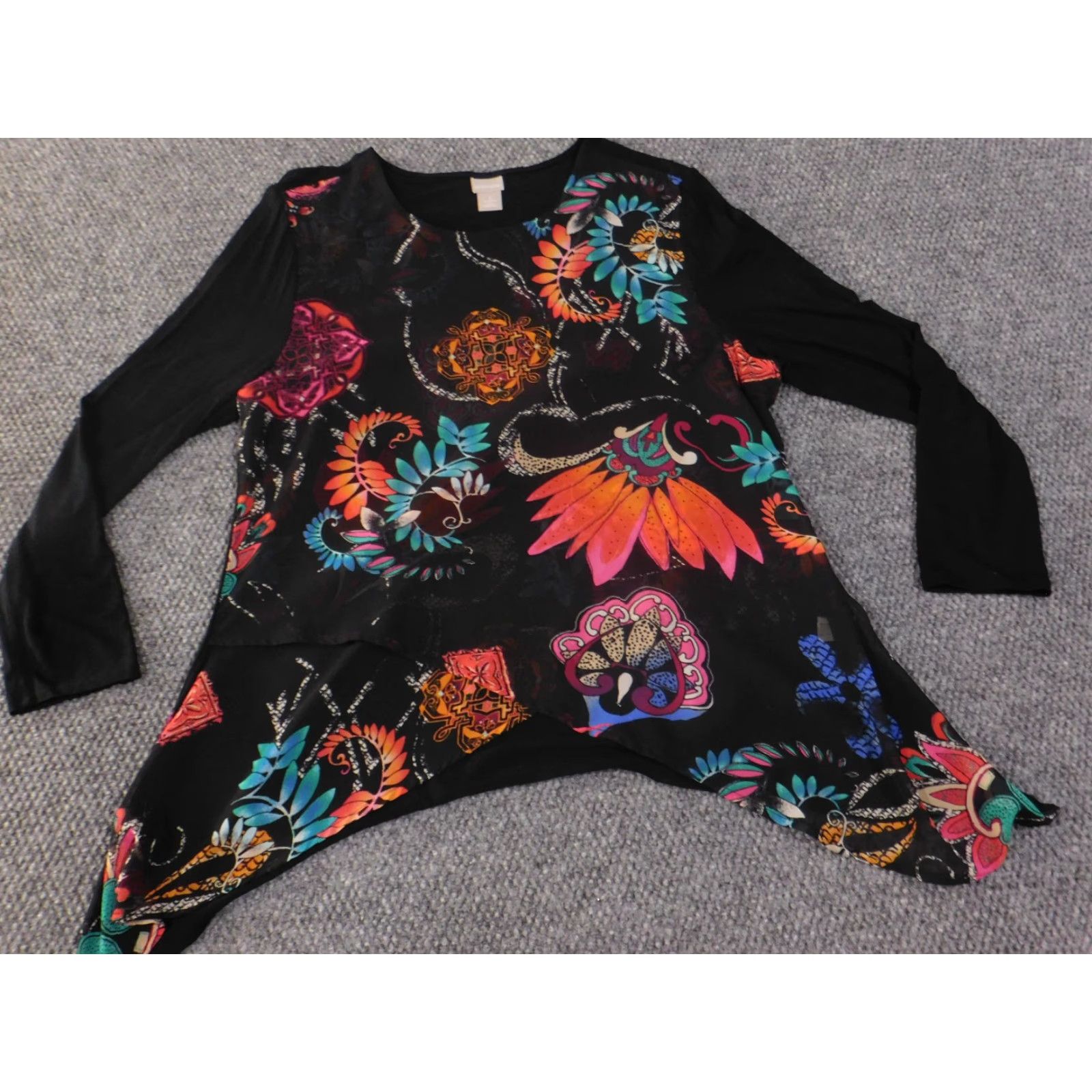 Vintage Chico's Blouse Shirt Womens XL Black Floral Chiffon Sheer Bell Sleeve Scoop Neck Pullover Casual Regular Summer Spring Designer Style Size XL / US 12-14 / IT 48-50 - 3 Thumbnail