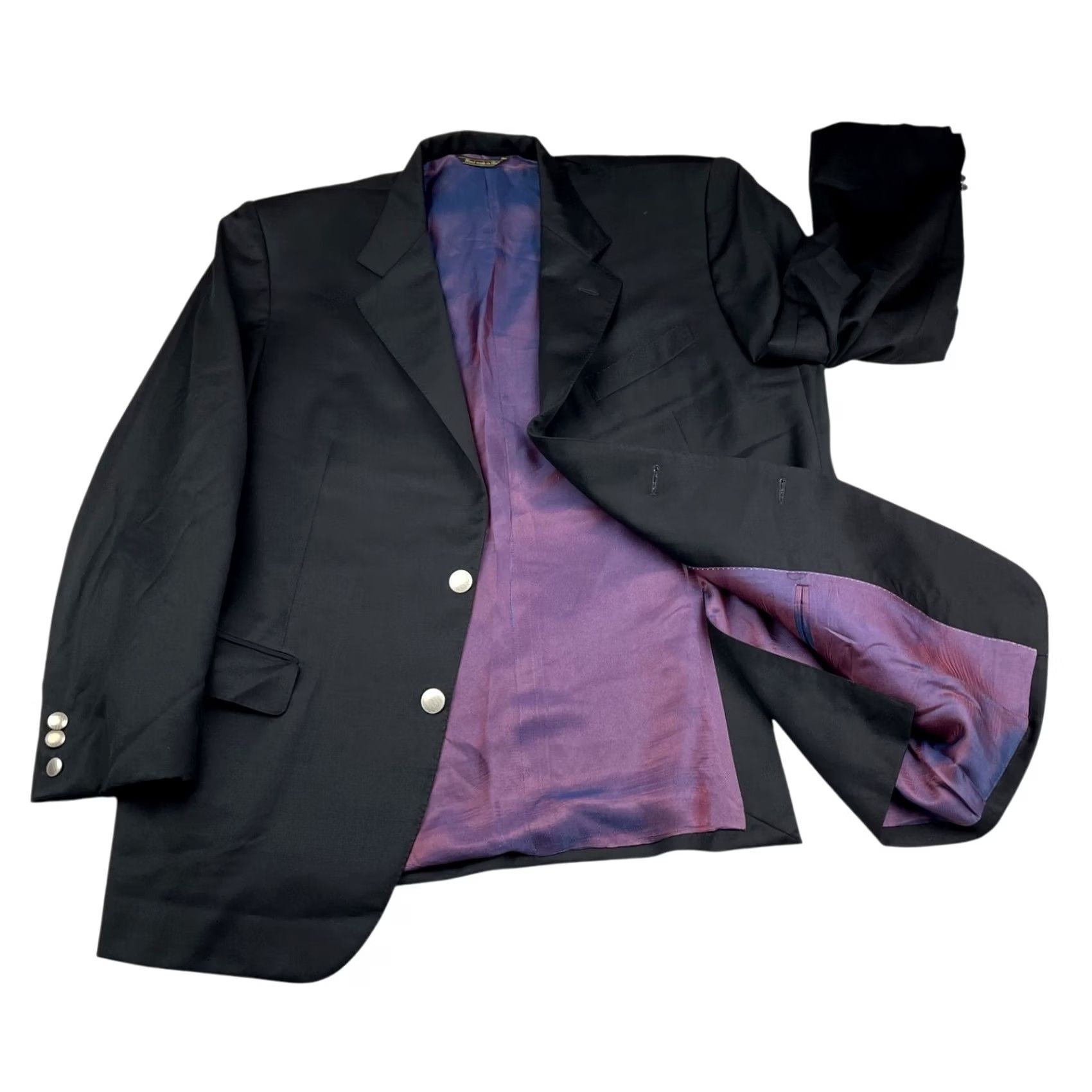 Vintage Guabello Men's Blazer 2-Button Wool Black 44R Italy Notch Lapel Double-Vented Silver Buttons 130's Size 44R - 3 Thumbnail