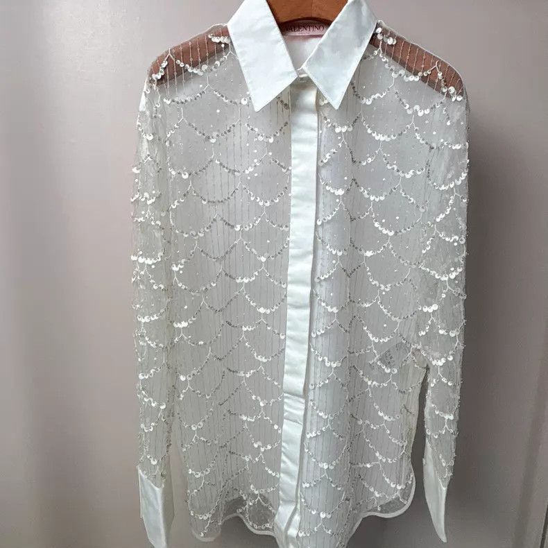 Valentino Valentino White beaded mesh shirt Size M / US 6-8 / IT 42-44 - 1 Thumbnail