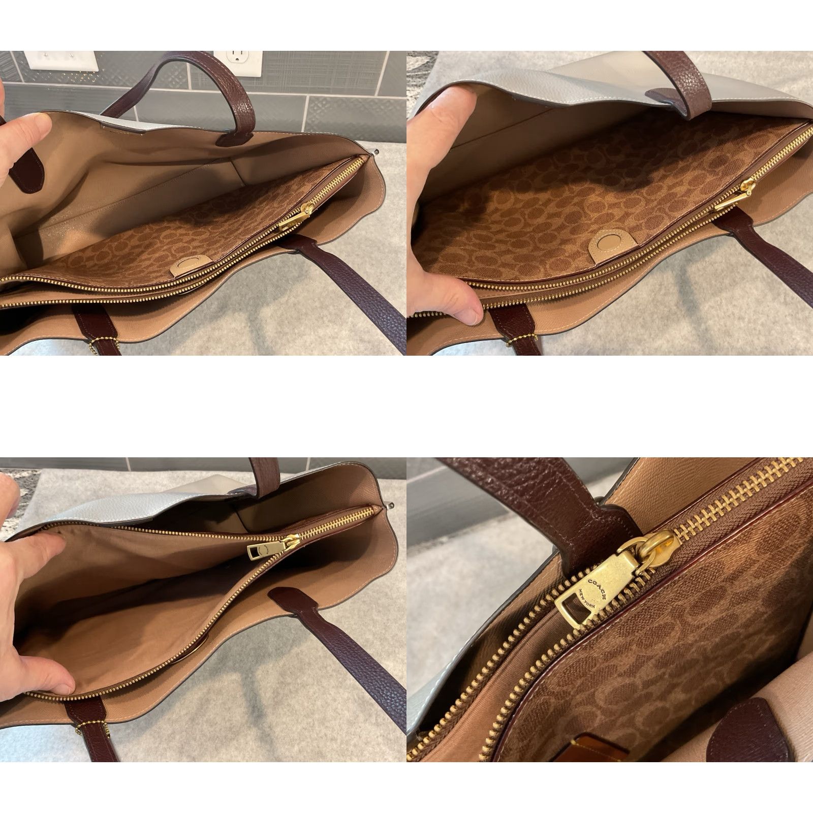 Coach Willow Tote Colorblock Leather Brown Gray Signature Interior Purse 13.5” x 10.5” x 5” Tote Women