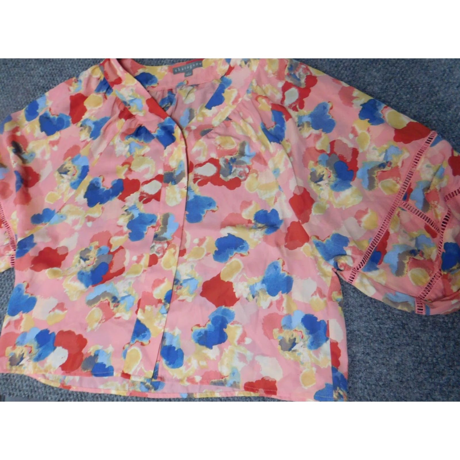 Pinko Sharagano Blouse Womens L Pink Floral 3/4 Sleeve Crew Neck Pullover Casual Polyester Stretch Vintage No Size L / US 10 / IT 46 - 3 Thumbnail