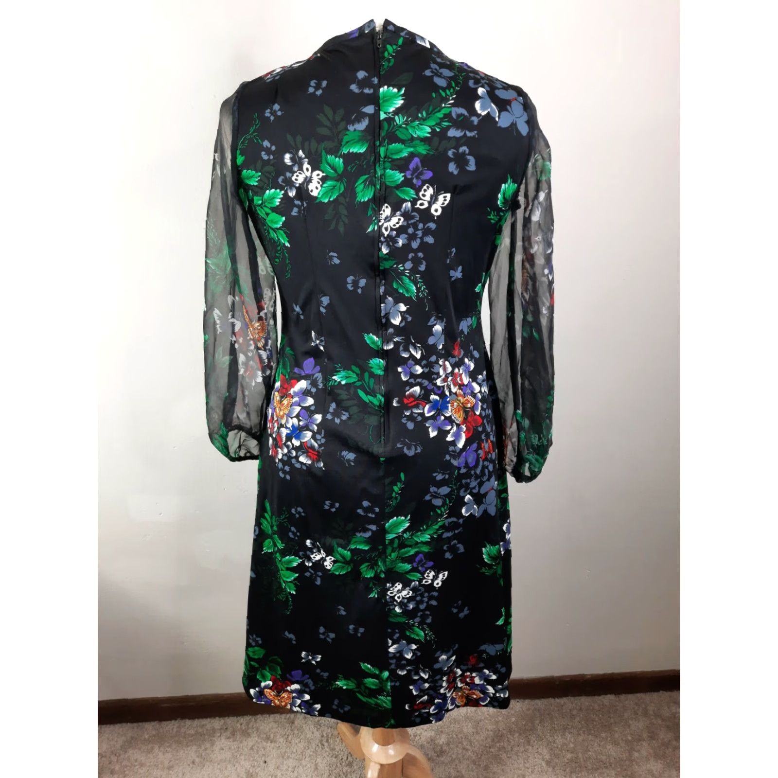 Vintage D2S Vtg mod Floral butterfly sheer Sleeve Sheath Dress L/XL Black Size L / US 10 / IT 46 - 6 Thumbnail