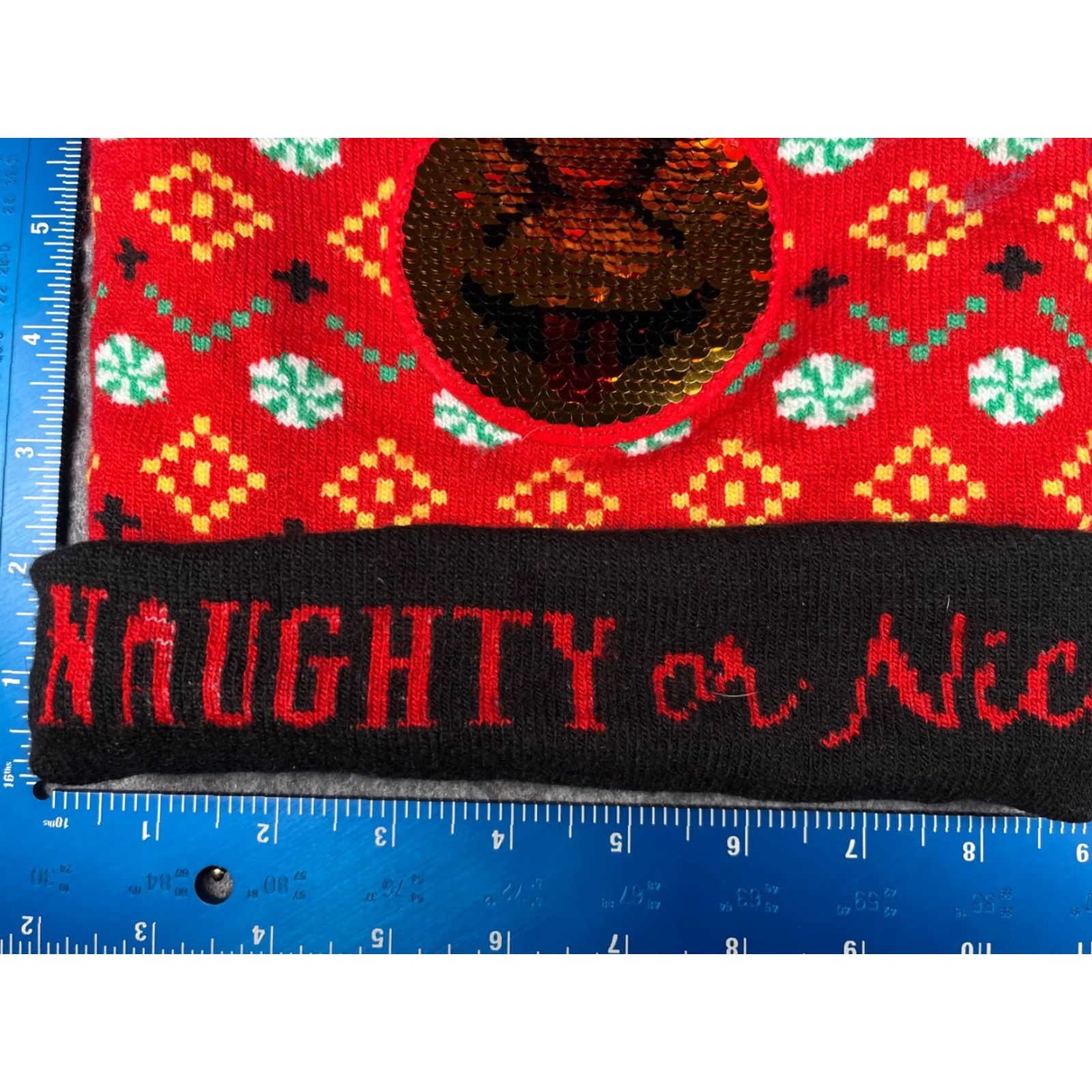 Walmart Naughty Or Nice Beanie Toque Adult OS Red Fair Isle Knit Acrylic Sequin Ski Pom Nike Shirt? Size ONE SIZE - 2 Thumbnail