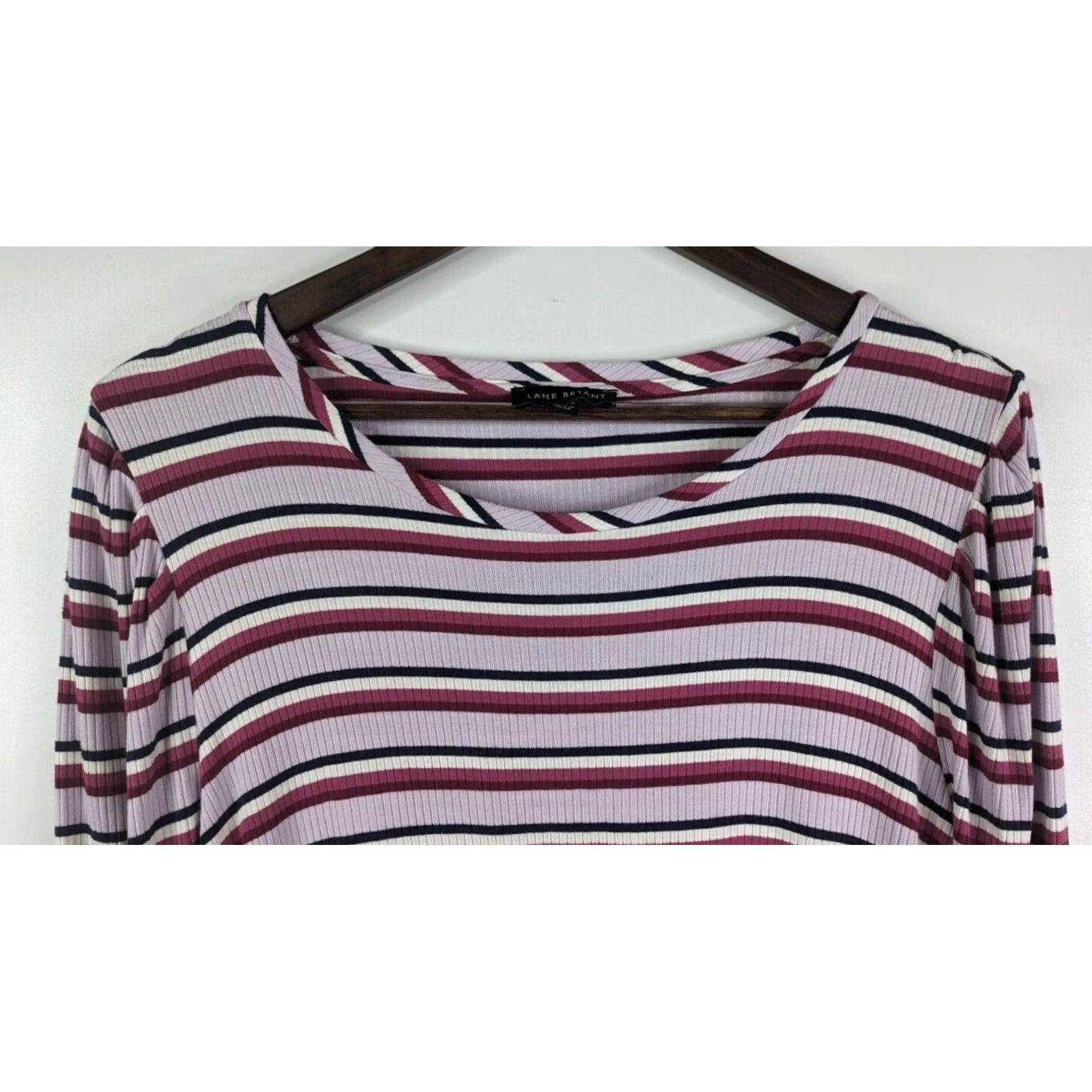 Vintage Lane Bryant Puff-Shoulder Ribbed Tee Women's Plus 20 Long Sleeve Striped Pink Navy Size 3XL / US 20-22 - 2 Thumbnail