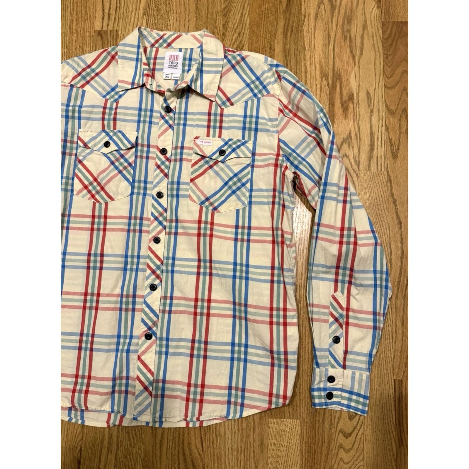 Topo Designs Topo Designs Plaid Button-Up Shirt Mens XL Long Sleeve Pockets Organic Cotton Multicolor Store Photos/Measurements Size US XL / EU 56 / 4 - 6 Thumbnail
