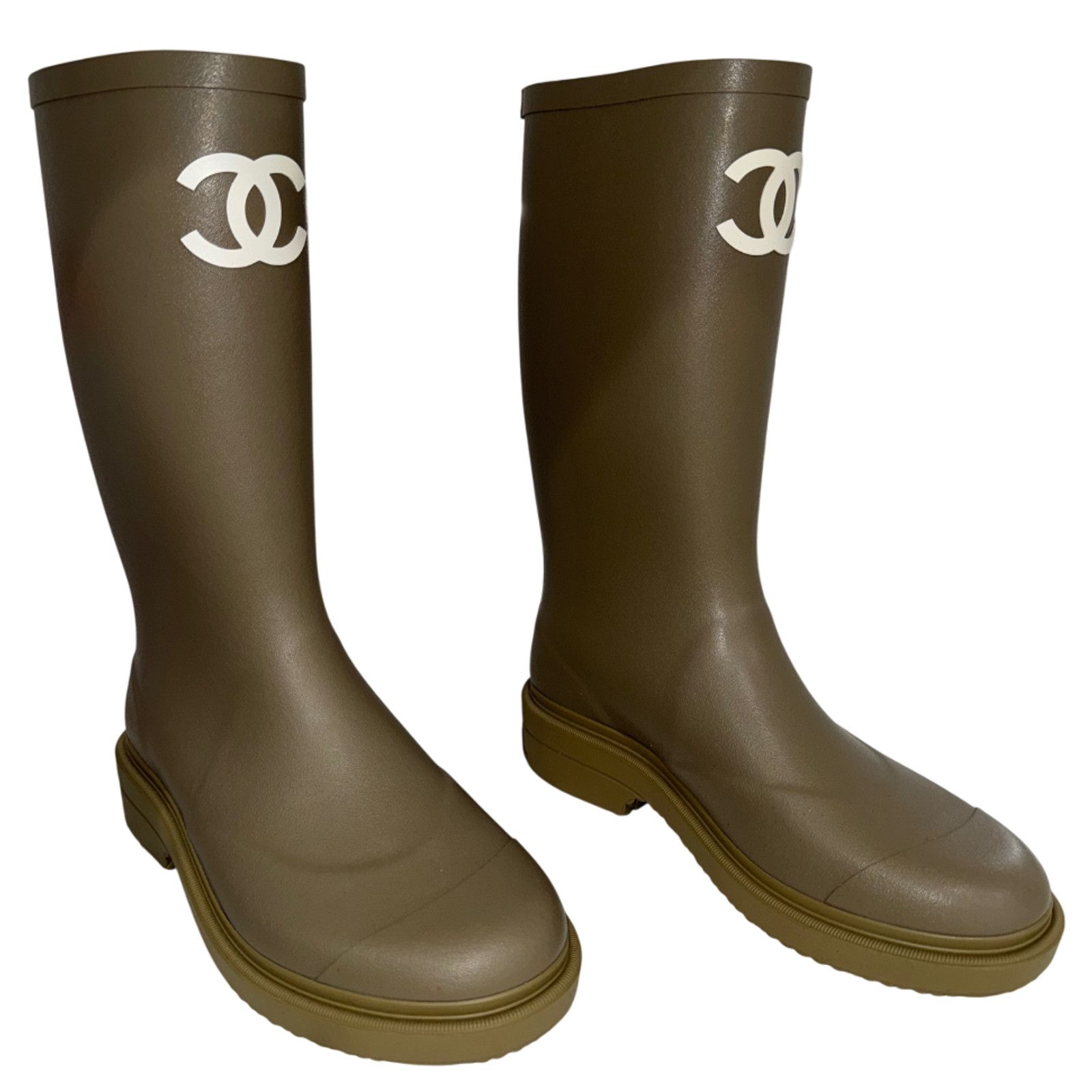 Chanel Dark Beige Moss Green White CC Logo High Rubber Rain Boot 42 Size US 12 / IT 42 - 3 Thumbnail