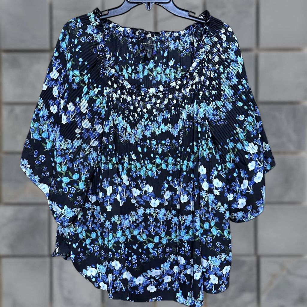 Worthington Worthington Blouse Women XL Black Blue Floral Pleated Smocked Peasant Top Boho Size XL / US 12-14 / IT 48-50 - 1 Thumbnail