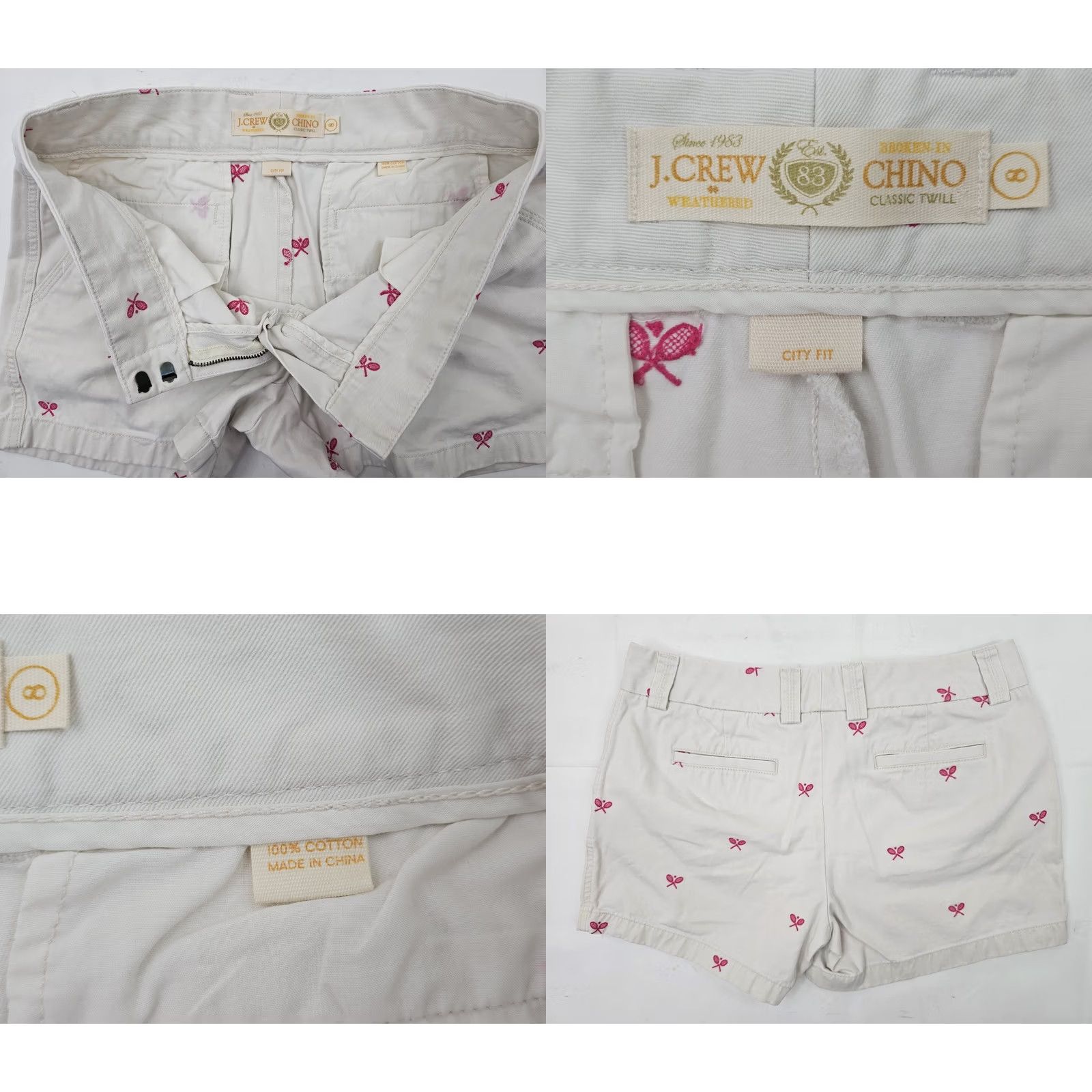 J.Crew J.CREW Chino City Fit Shorts Women 8 Ivory Pink Tennis Embroidery EUC - 32" Waist 4.5" Inseam Size 30" / US 8 / IT 44 - 8 Thumbnail