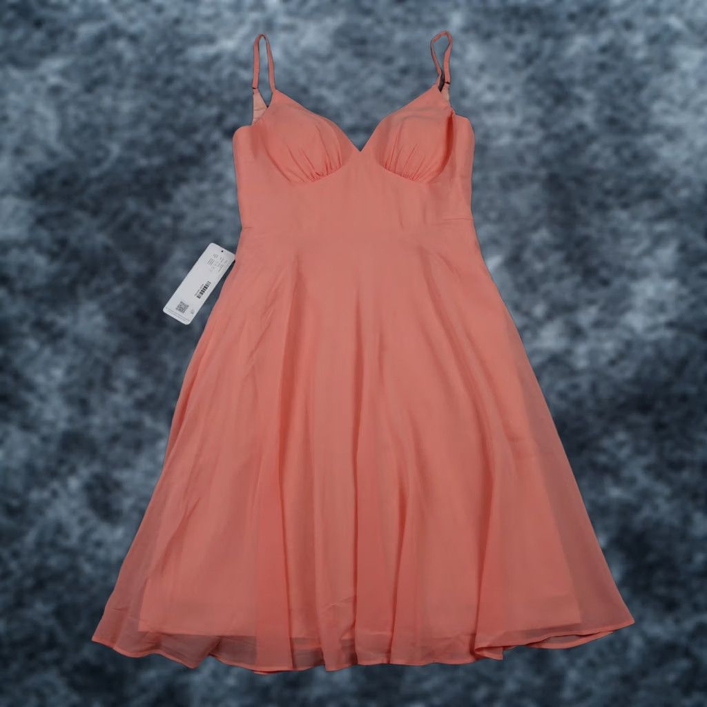 Vintage Azazie Dress Womens 6 Chiffon V-Neck A Line Knee Length Coral Pink Strap Sleeveless Zip Formal Wedding Party Couture Size M / US 6-8 / IT 42-44 - 1 Thumbnail