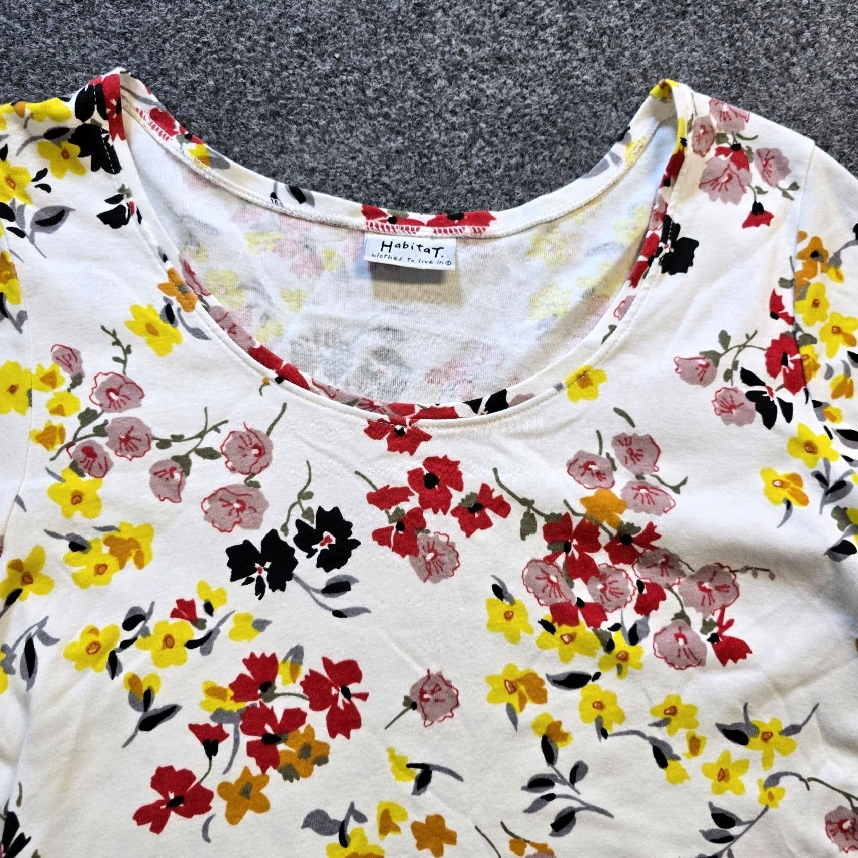Habitat Habitat Top Womens Large White Yellow Floral Asymmetrical Stretch Casual T-Shirt Tunic Short Sleeve Round Neck Crew Neck Cotton Regular Mens? Womens Size L / US 10 / IT 46 - 2 Thumbnail