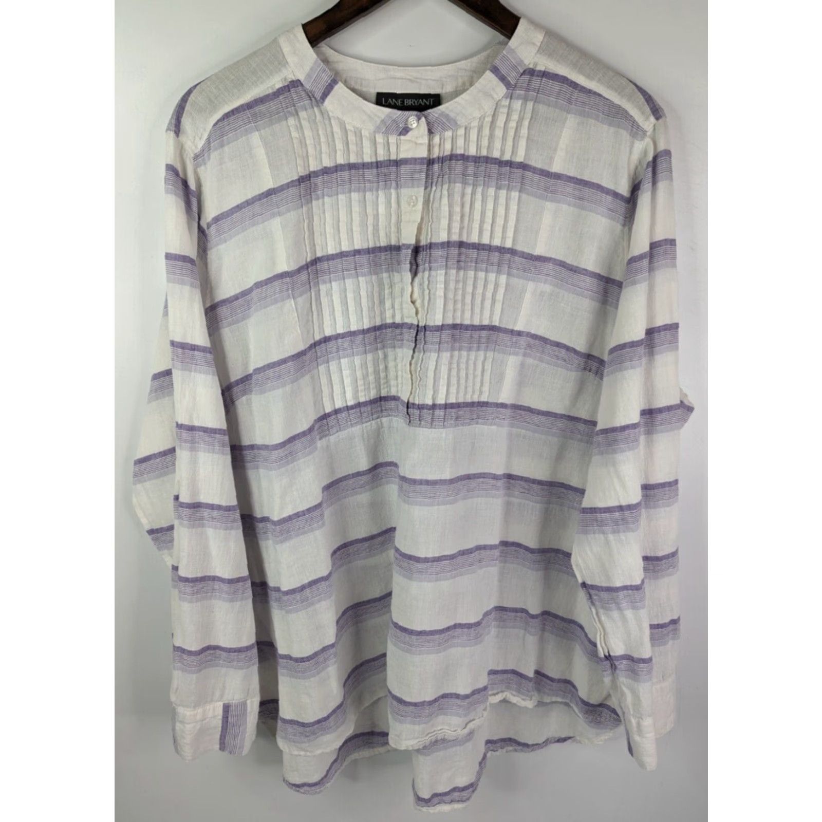 Vintage Lane Bryant Shirt Womens 22/24 Plus Linen Tunic Purple White Stripe Pleated Bohemian Casual Tunic Blouse Size 3XL / US 20-22 - 2 Thumbnail