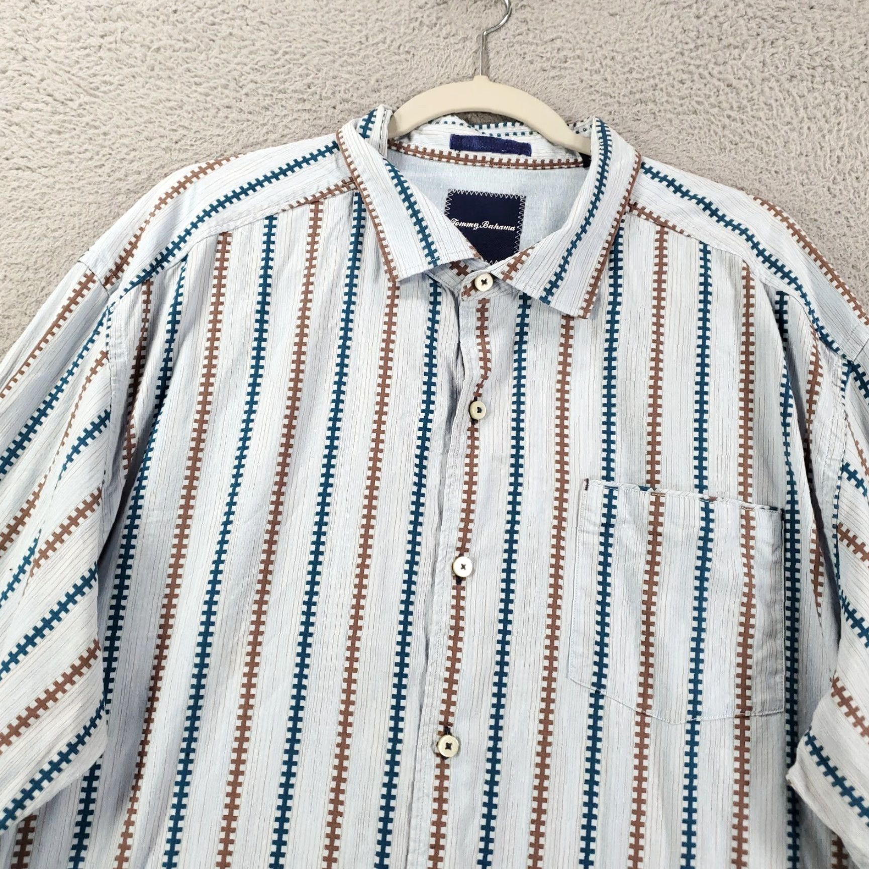 Tommy Bahama Tommy Bahama Shirt Mens Button-Up 2XL Blue Taupe Geometric Stripes Cotton Long Sleeve Collared Beach Classic Colorful Size US XXL / EU 58 / 5 - 2 Thumbnail
