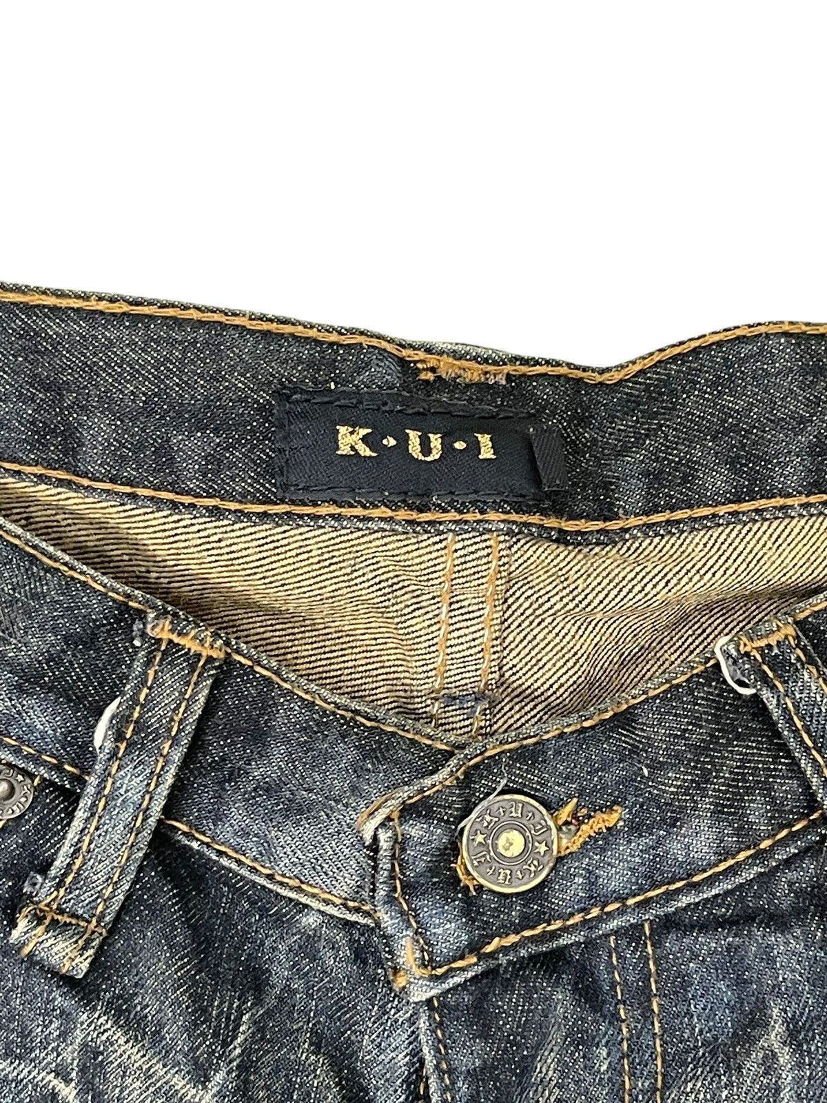 Japanese Brand Slight Flare Jeans K.U.I. Distress Low Rise Boot Cut 8🟦 Size US 33 - 9 Thumbnail