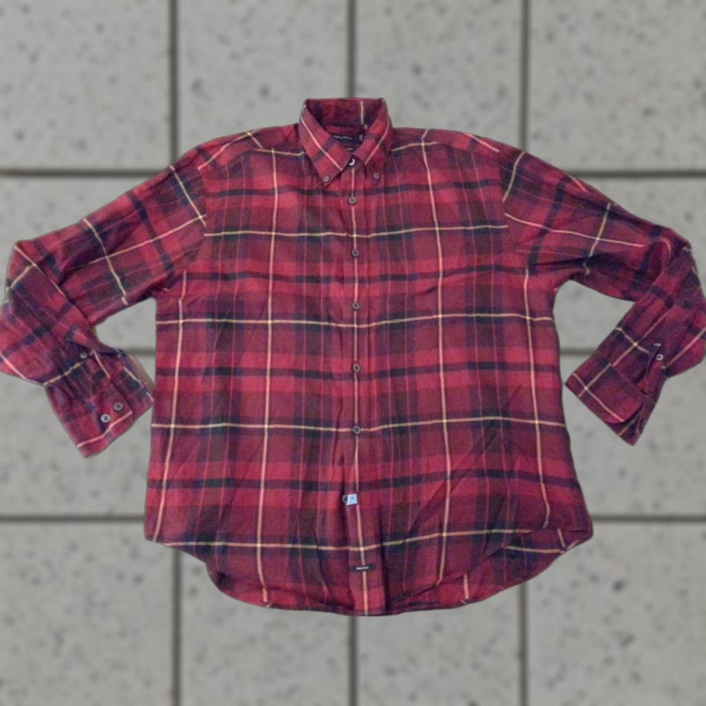 Nautica Nautica Dress Shirt M Medium Red Plaid Cotton Long Sleeve Mens Shirt Size 40R - 1 Thumbnail