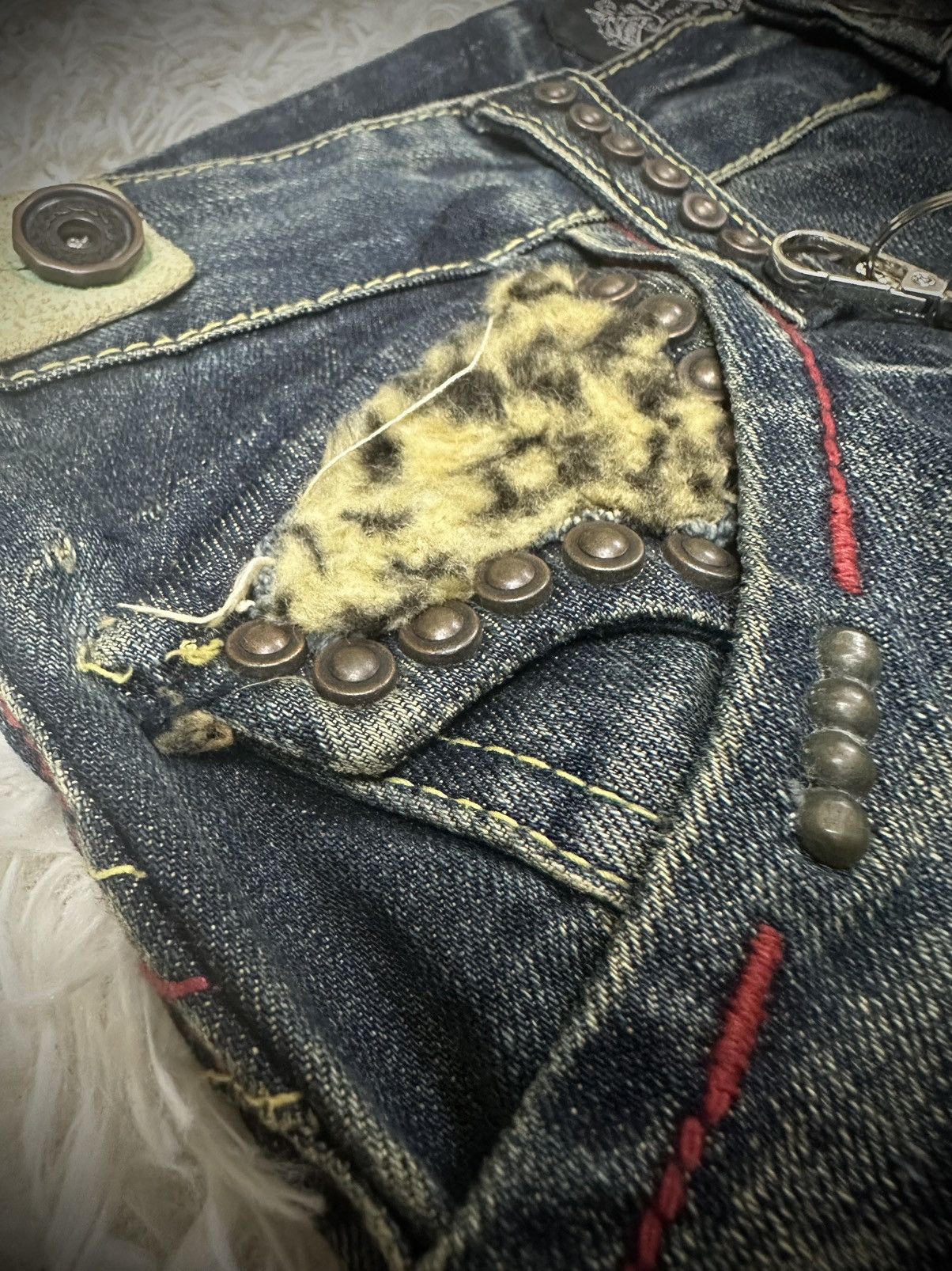 Tornado Mart rare 00s red pepper studded fur leopard bootcut jeans Size US 34 / EU 50 - 2 Thumbnail