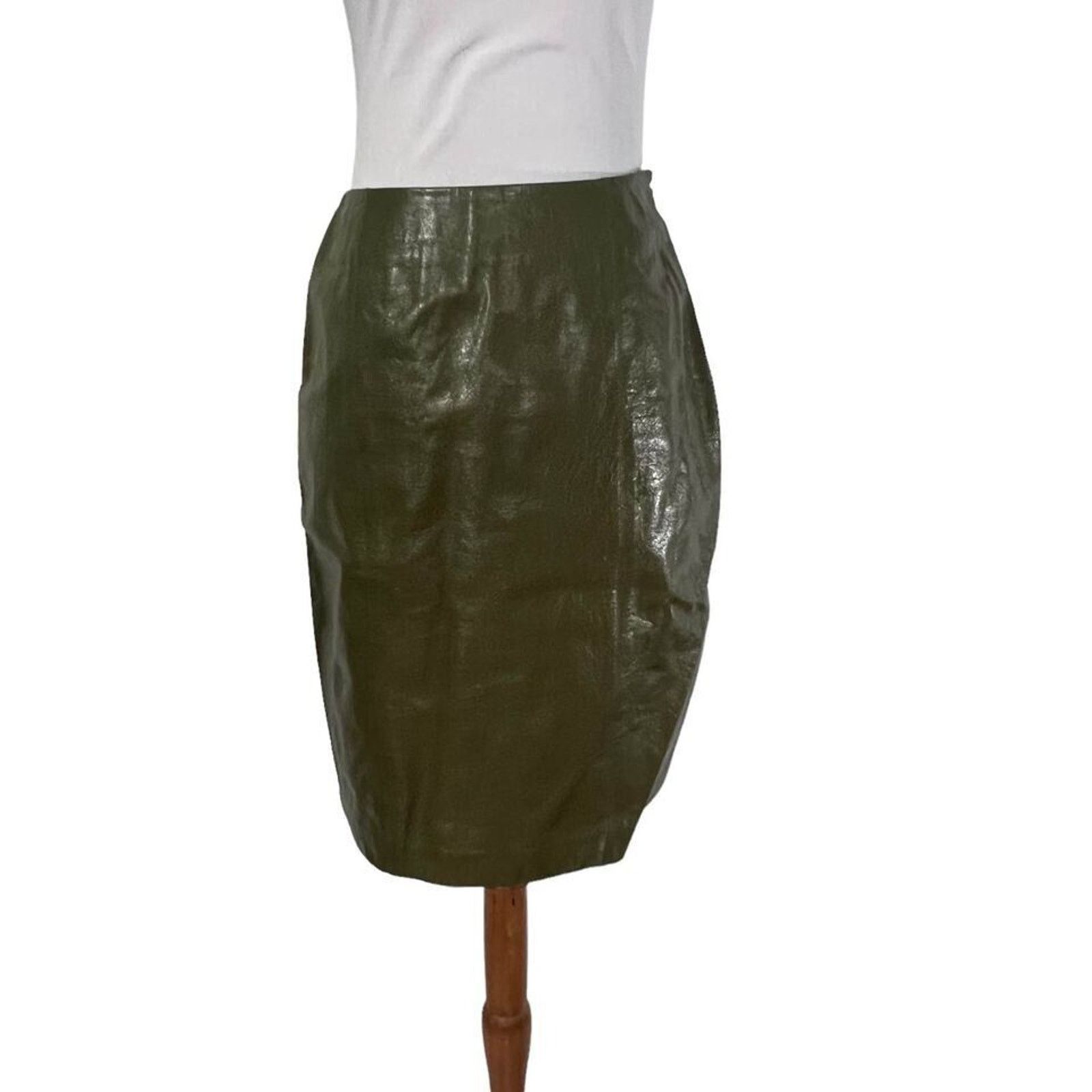 Ellen Tracy Vintage 80s Linda Allard Olive Green Leather skirt 4 Petite Size 27" / US 4 / IT 40 - 7 Thumbnail