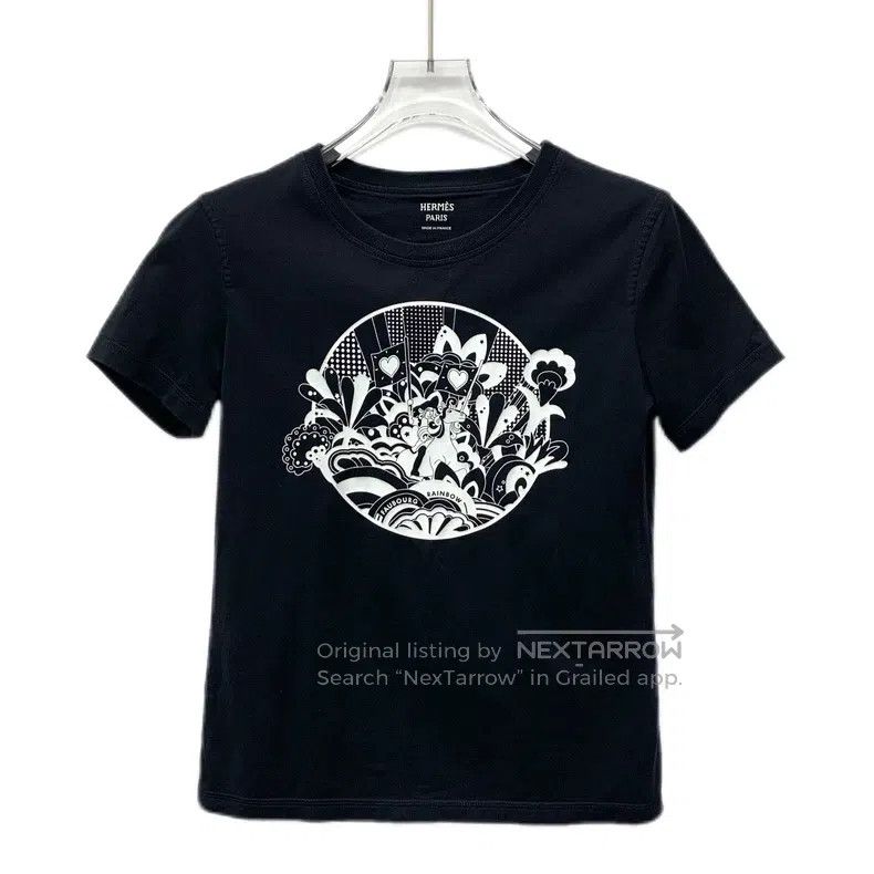 Hermes Hermes Black Floral Printed Cotton Round Neck Short Sleeve Size XXS / US 00 / IT 34 - 1 Thumbnail