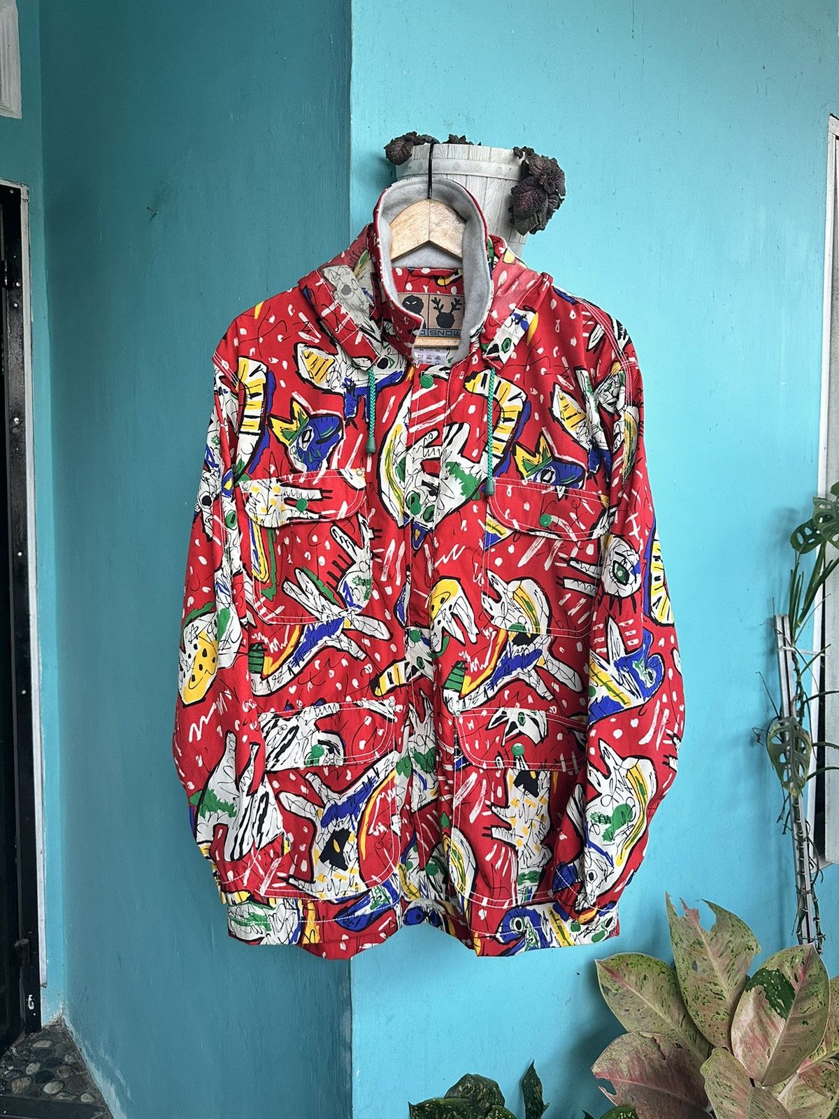 image of Art x Keith Haring Vintage Jiro Snow Full Print Windbreaker Hoodie in Red, Men's (Size Small)