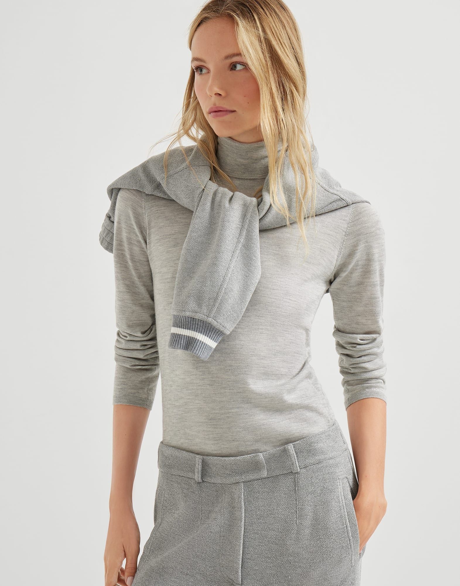 Brunello Cucinelli o1y0825 Turtleneck Cashmere Blend Sweater in Light Gray Size XXL / US 16-18 / IT 52-54 - 3 Thumbnail