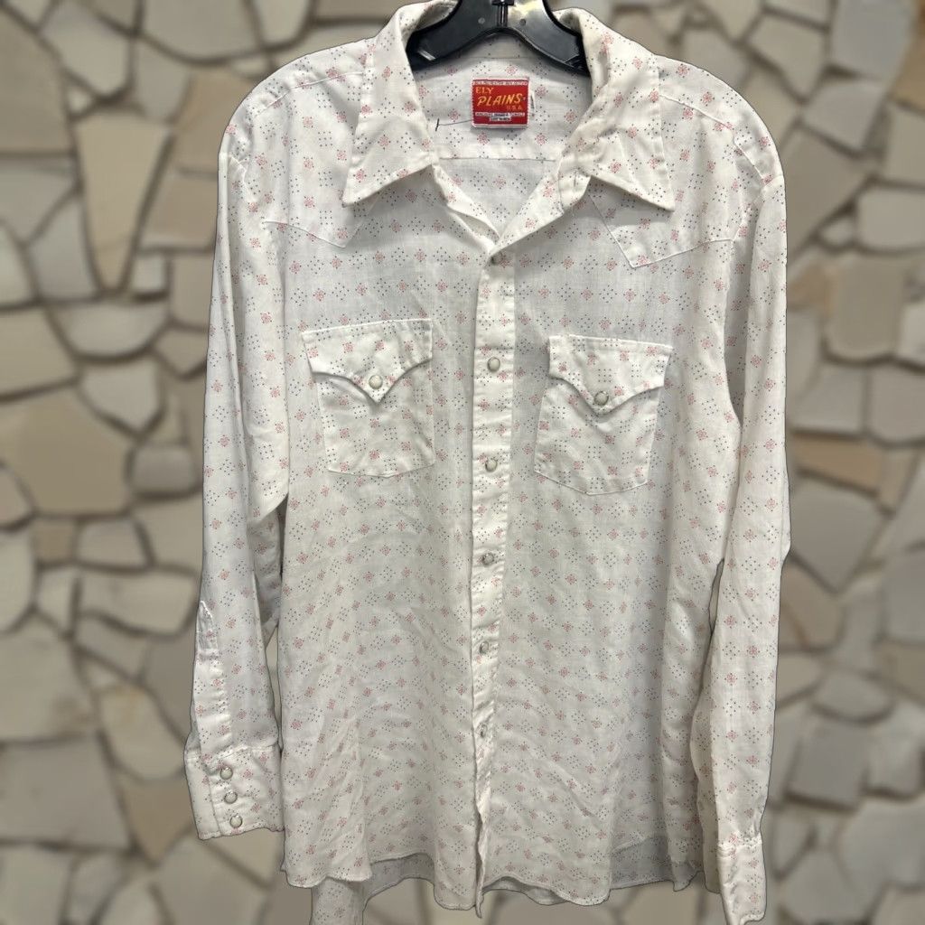 VINTAGE Ely Plains Shirt Button-Up Men 17-34 White Red Blue Pattern Regular Mens