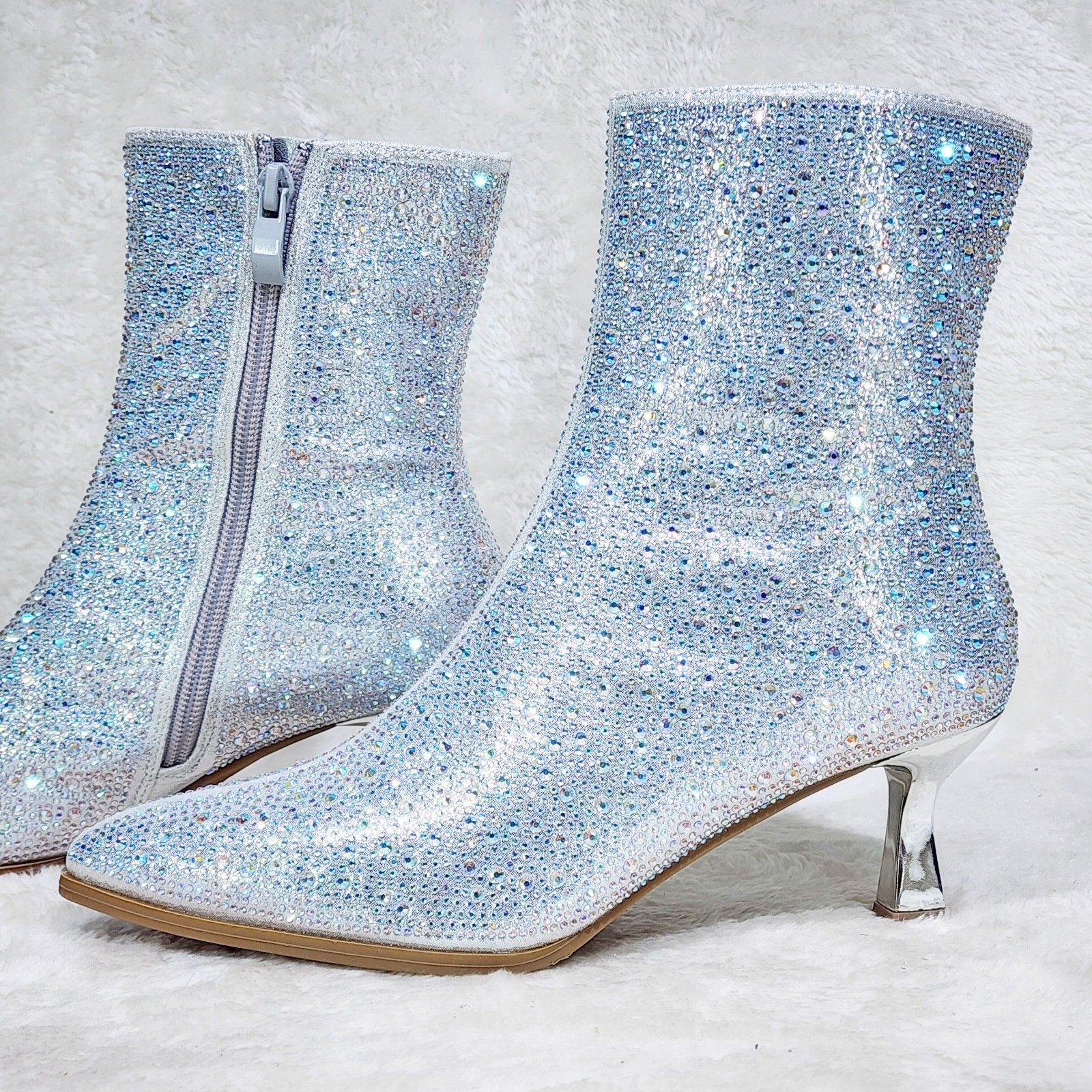 Other Silver Rhinestone Ankle Boots 2.5" Kitten Heels Size US 8.5 / IT 38.5 - 1 Thumbnail