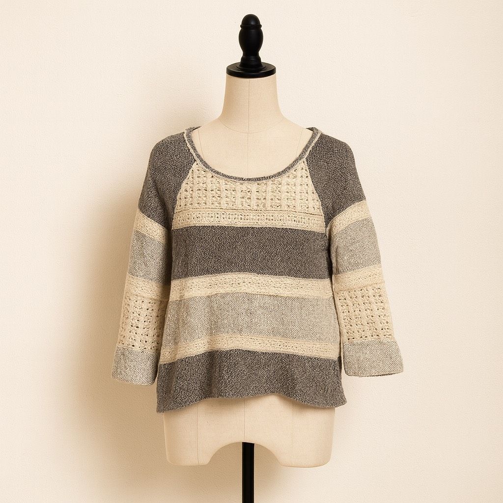 Other Lucky Lotus Gray Crochet Detail 3/4 Sleeve Knit Top | Size X Size XS / US 0-2 / IT 36-38 - 1 Thumbnail
