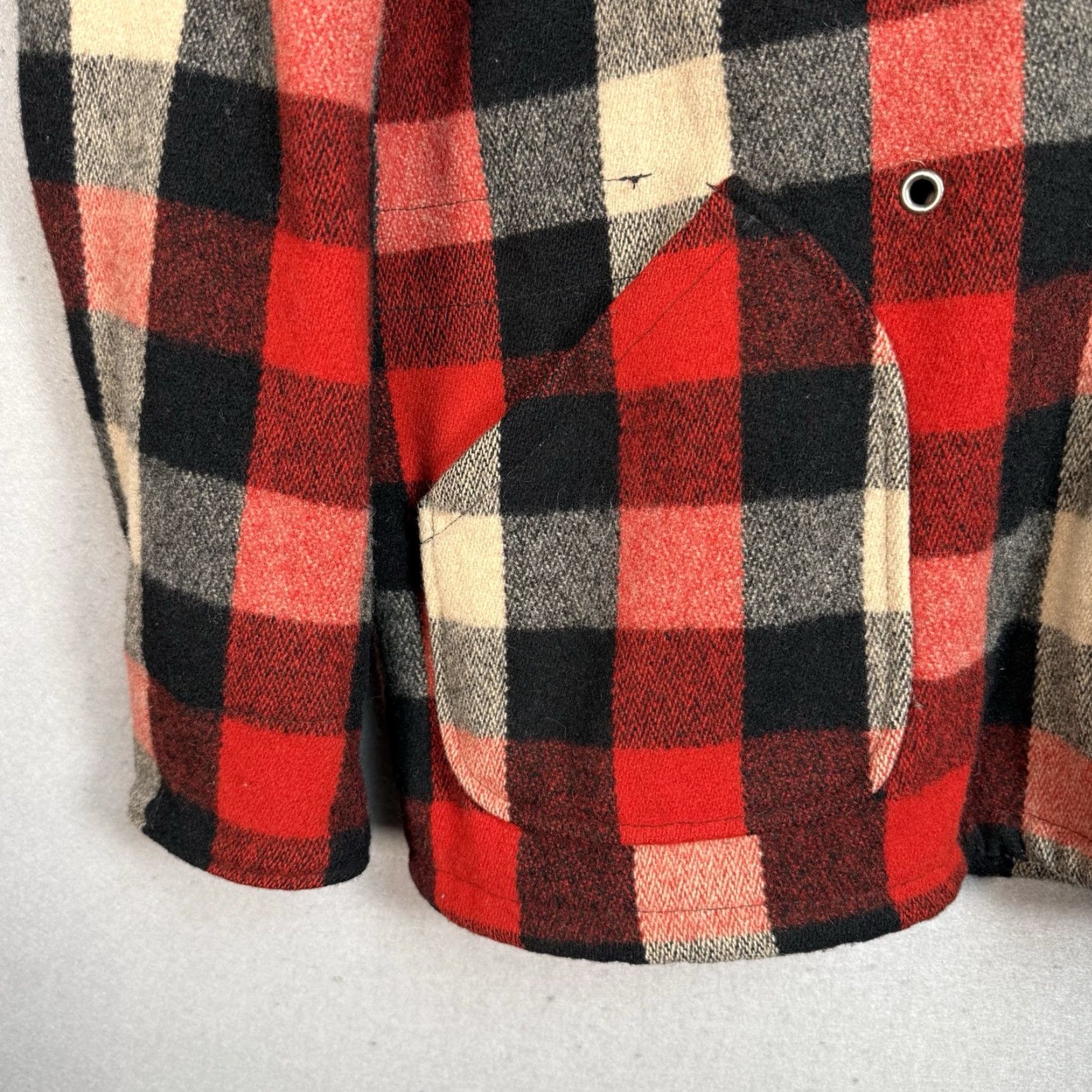 VINTAGE Schott Bros Plaid Wool Coat Adult Small Red Fur Hood Anorak Mens